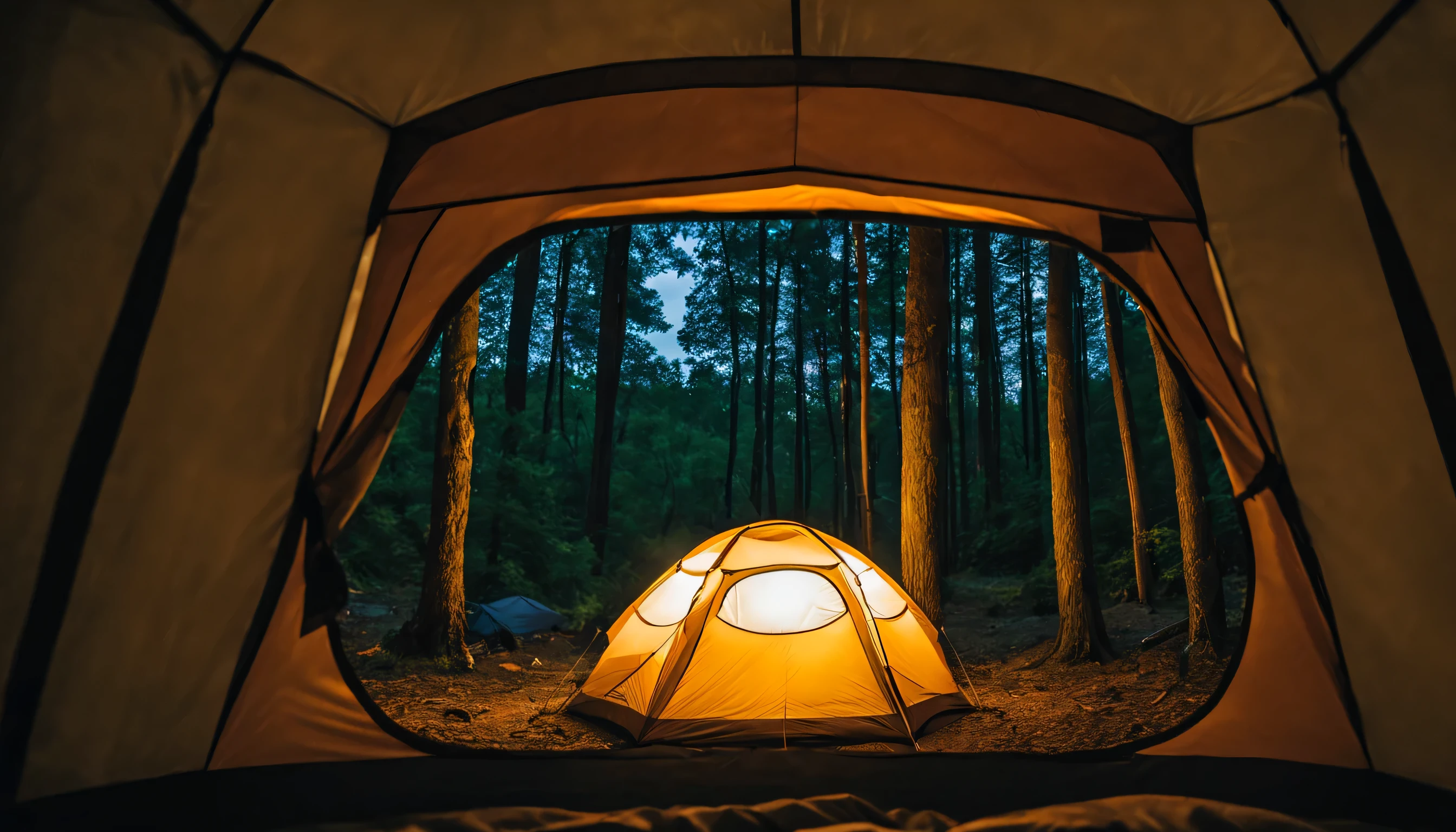 Looking out from inside the tent, Night atmosphere in the middle of the forest, avoid photos that are not inside the camper tent, looking at the beautiful scenery from inside the camper tent.