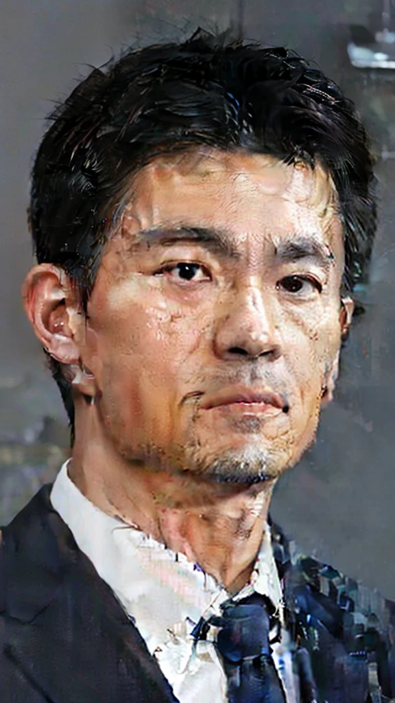 (the Extremely Detailed CG Unity 8K Wallpapers,masutepiece, Best Quality, Ultra-detailed), Gray background, 35-year-old male living in Japan, 35 year old male city hall employee, Sporty hairstyle, A dark-haired, narrow facial contours, tthin eyebrows, Sharp eyes, high and thin nose, thin lipss, Physical slim, Shirt and tie, Strong impression