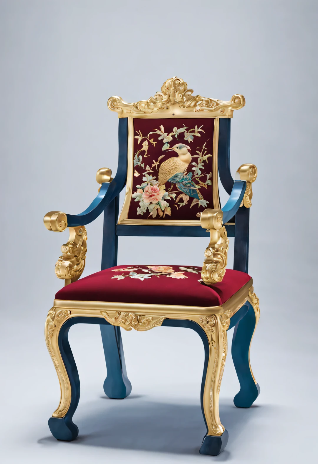 ultra high definition, masterpiece, Accurate, Super details, high detail, high quality, Award-winning, best quality, Level, 16k, background: simple golden halo,
an art deco, (Close-up of the front of the chair), (Ancient Egyptian style),
The color of the chair is dark red, Bright blue, Black, blue green, orange, white, Brown, light Brown
On the chair, There are pyramids, the sphinx, lotus, papyrus flower, Palm leaves, and a vulture-like chair with outstretched wings encrusted with rubies., emeralds, lapis lazuli, Black mussels, exit, pearl, stained glass, and feathers,
It has very rich decorative techniques, Solemn and gorgeous appearance, Simple and clear, With strong religious and mysterious color, Highlight the luxurious and strong visual aesthetics,