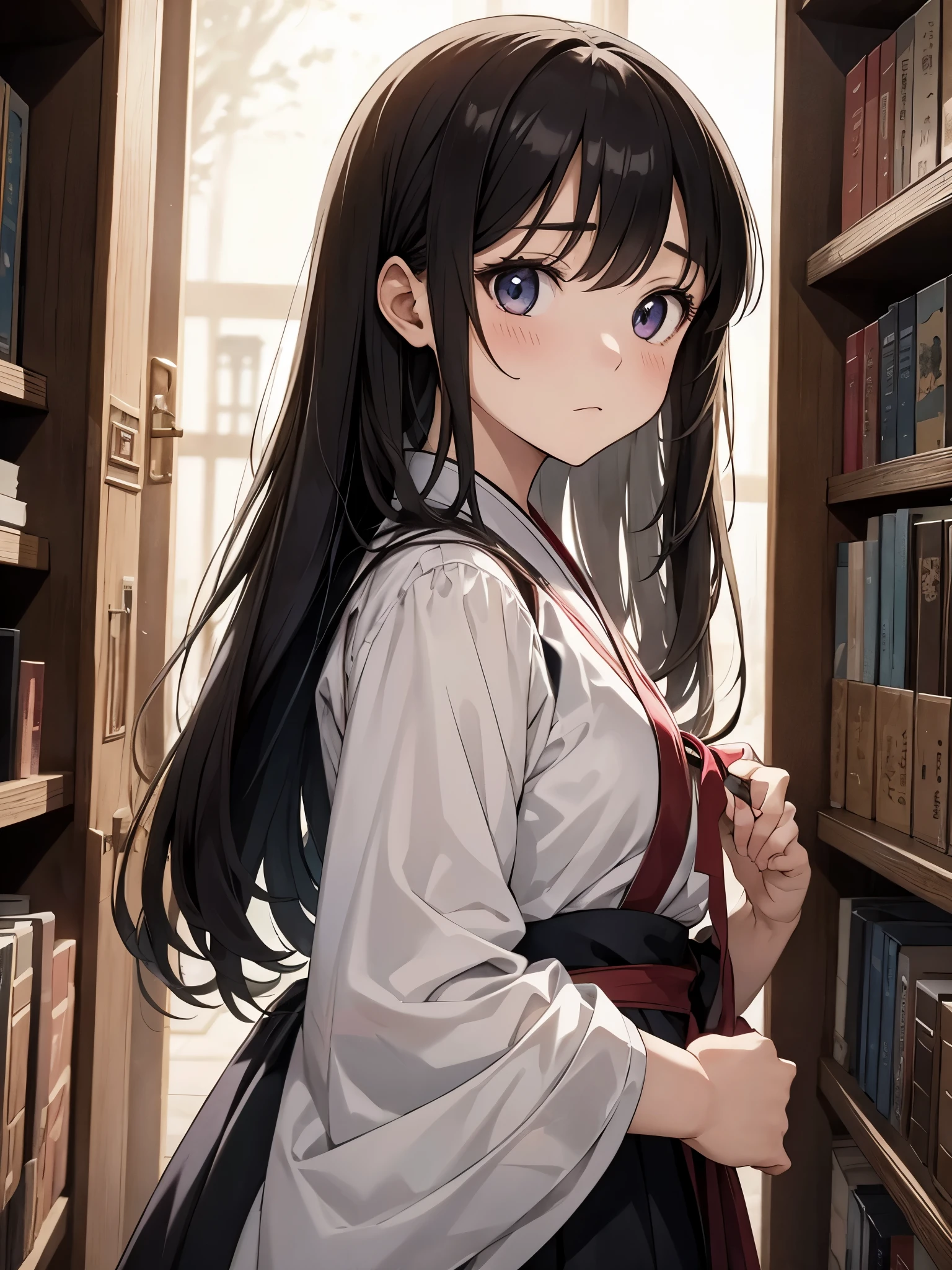 horror anime illustration、masterpiece、japanese doll girl、your eyes are so beautiful、14 years old、Expression full of fear、Mysterious、ghosting、Huge library