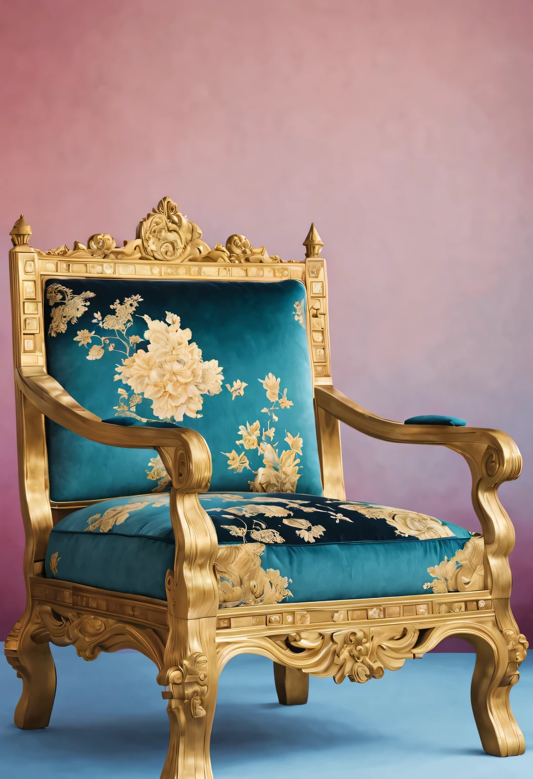 ultra high definition, masterpiece, Accurate, Super details, high detail, high quality, Award-winning, best quality, Level, 16k, background: simple gold,
(an art deco), (a chair), Minimalism, Close-up of the chair, sky blue (light blue), royal blue, Red, verde claro, Dark Green, white, purple, magenta, emerald blue,
The chair has a delicate floral pattern on its surface, birds, fish, He Xiangyun. The chair ring is round, And the seats are square,