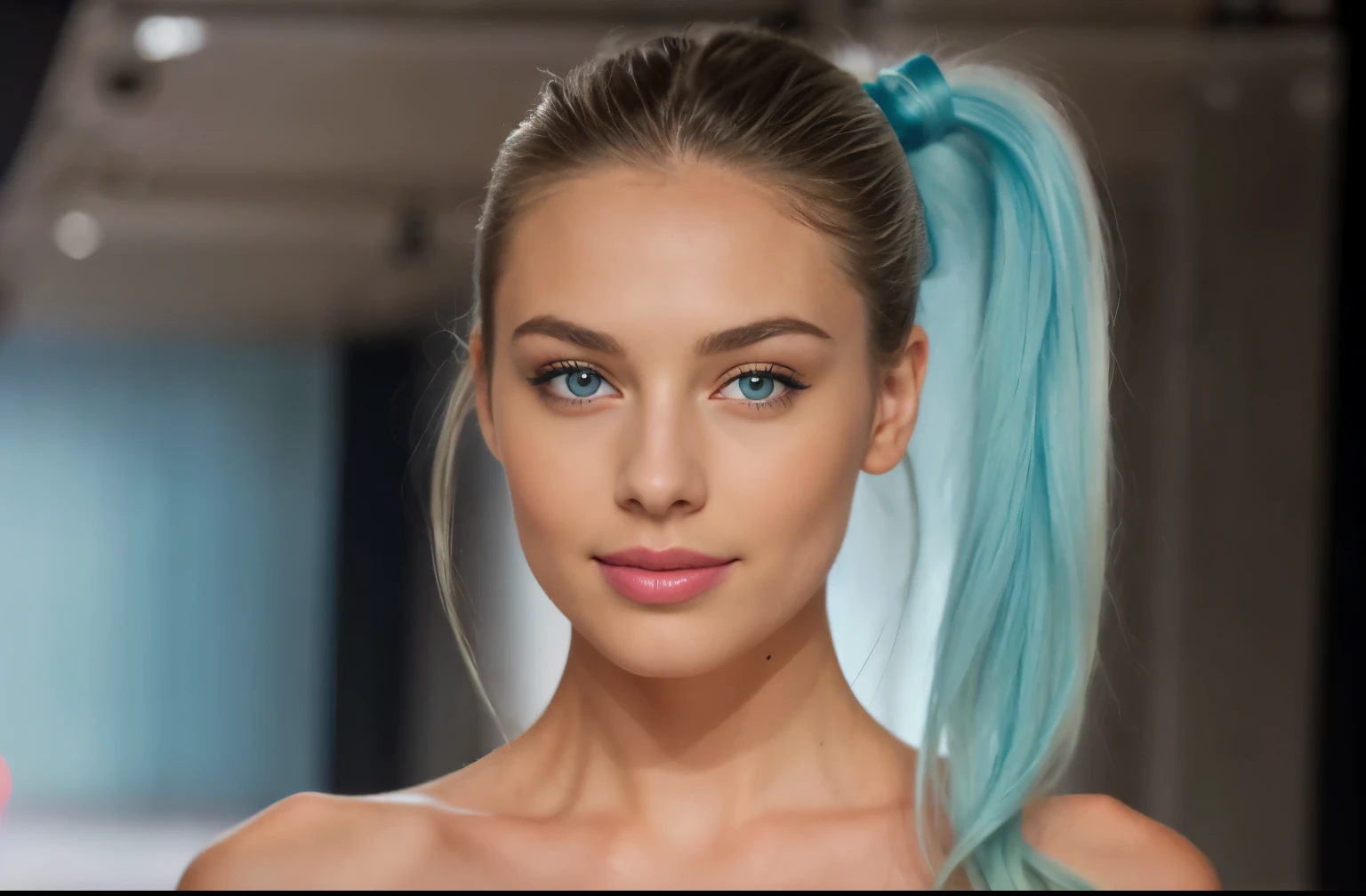 A Victoria's secret model, in the style of ID phone, blonde,((( pale skin))) , full lips, blue eyes, high cheekbones, a sexy smile, hair tied in a parfect ponytail.