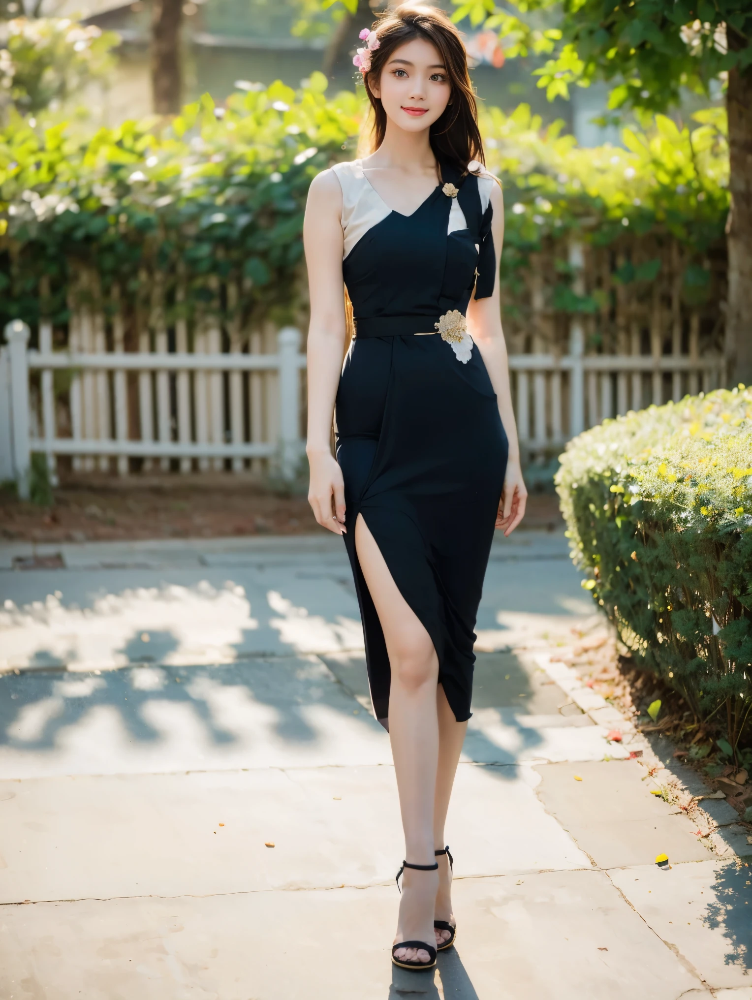 1 girl, burmese girl, standing on in front of the house, 64k, FHD, natural light, Raw, Natural skin, lite smile, fullbody view, portrait pose, perfect body and berasts, flowers background,  masterpeace, realistic, detailed, portrait photography, long black hair