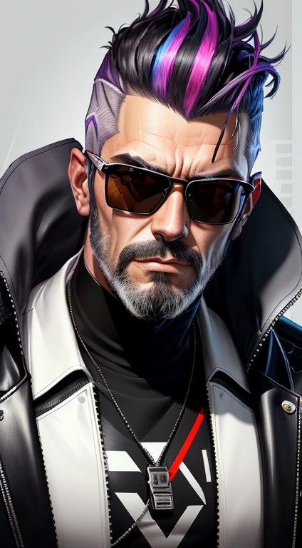 a man with dark hair and a grey beard wearing rayban sunglasses, cyberpunk art, funk art, stunning gradient colors, stylized portrait h 704, pompadour, twitch streamer, cold colors. insanely detailed, t-800, no watermark signature, in rich color, outrun