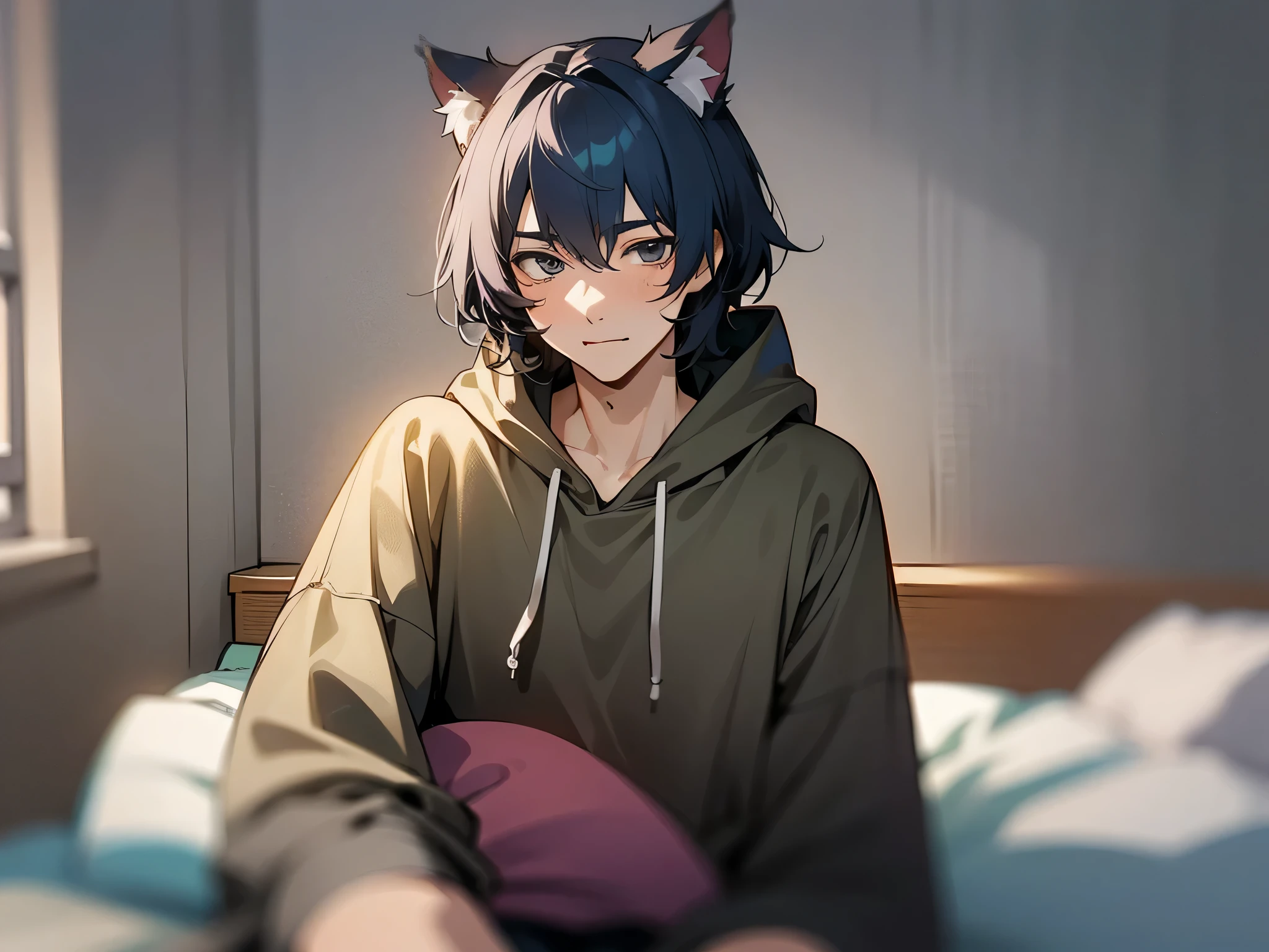 ((男性)),male focus,((((man))),25 age,solo,black hair 1.5,cat ear hoodie,hoodie,Sitting on the edge of the bed in the room with an bashful(Indo blackened 1.5)(The background is in the hotel room:1.5),Anime style 4K,Anime rendering,style of anime,8K fineness,(Upper body display:1.5)(Cinematic lighting:1.5)