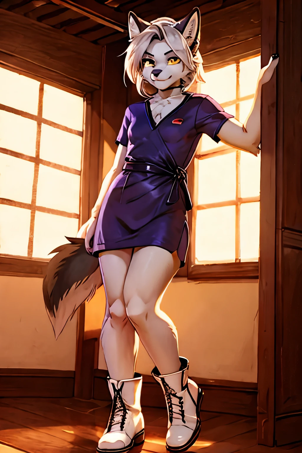 young girl, wolf, grey skin, white hair, yellow eyes, 18 years old, small breasts, , bob hair, tattoed arms, black tattos, wearing purple dress, g in a ballad, wearing white boots, smiling looking at viewer, 4k, masterpiece
