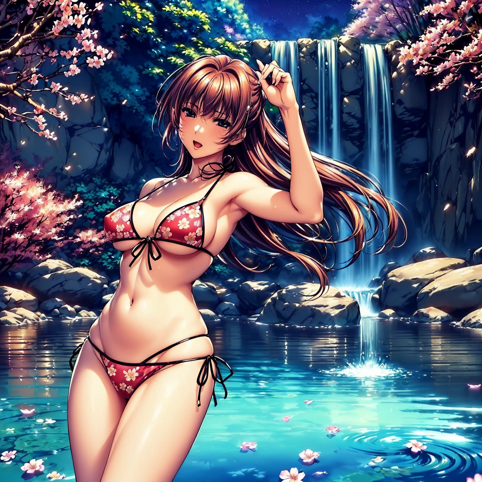 (((highest quality、masterpiece、very high resolution))),(There is one woman who has perfect and ultimate beauty.,beautiful figure,beautiful face,beautiful skin,beautiful breasts,Well-formed eyes and nose),(you have a nice look,open your mouth,cheeks are red),(beautiful hair,best hair texture),(beautiful breasts:F cup,Best skin texture,),((elegant floral bikini,bikini swimwear:colorful)),(Fantastic waterside,There is a waterfall,Night cherry blossoms and lanterns,mysterious night sky、beautiful scenery,There is a sense of dynamism,the wind is blowing)、(water play,beautiful pose,model shoot),(best shot,RAW photo)、Realistic portraits,bijinga,