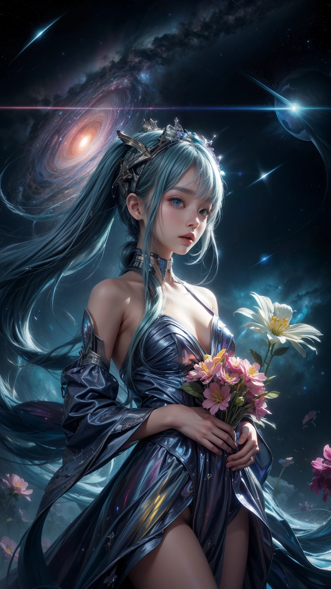 "((Galactic)) scene portraying an alien girl surrounded by a symphony of clouds, splashes of vivid colors, and delicate flowers, an imaginative composition that sparks the viewer's curiosity"