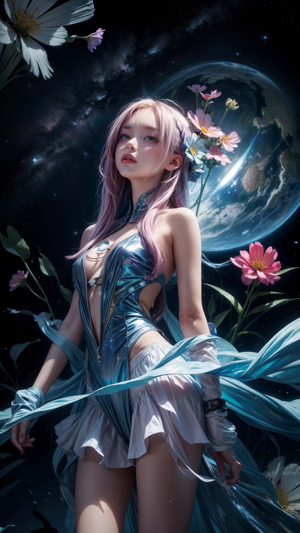 "((Galactic)) scene portraying an alien girl surrounded by a symphony of clouds, splashes of vivid colors, and delicate flowers, an imaginative composition that sparks the viewer's curiosity"