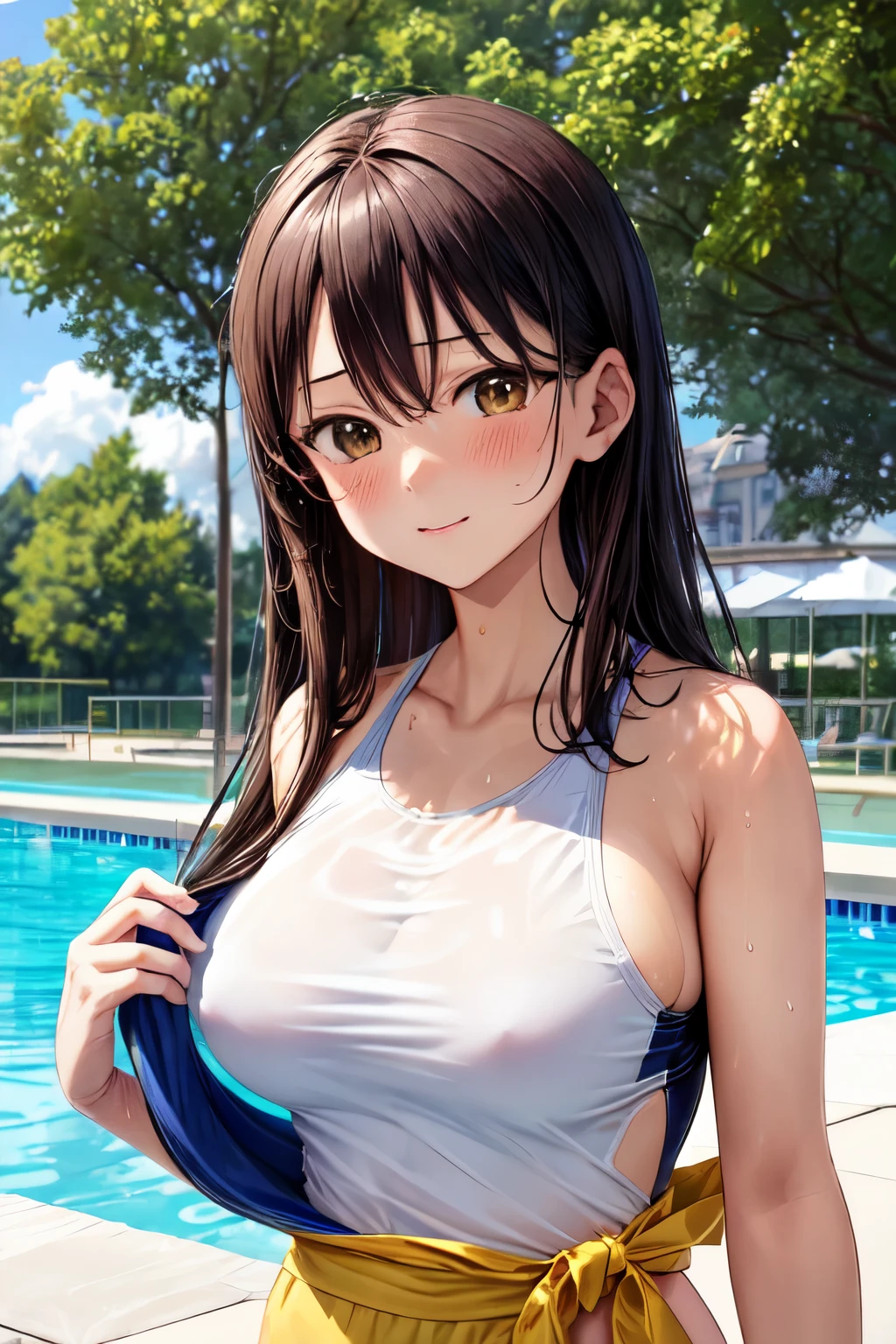 Nagatoro Hayase, chef-d'œuvre, portrait, Art officiel, 1fille, cheveux noirs, yeux marrons, PEAU BRUNE, heureux, S’appuyer sur un pont, parc, des arbres,(((Maillot de bain col roulé))) , see througt swimsuit