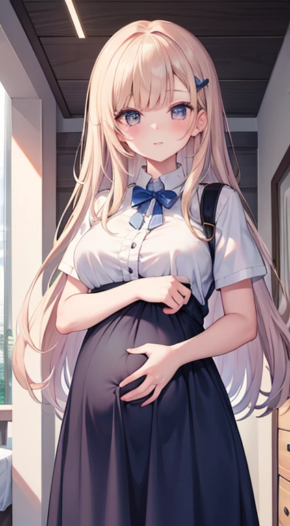 hoang lap、tmasterpiece、Best quality、realisticlying、Hyper-detailing、(Shiny skin,sweat leggs:1.4)、Slim、Look at the audience、1girll、Solo、tennis wear、White polo shirt、White sneakers、white mini-skirt、long whitr hair、silber hair、eBlue eyes、(thick thight:0.5)、动态照明、A high resolution、sharp fokus、depth of fields、Large breasts,Pregnant belly,Pregnant women with,a navel,A pair of hands,ssmile,Eyes are loving,Lines of a tight grid,perfect bodies,Wearing white stockings