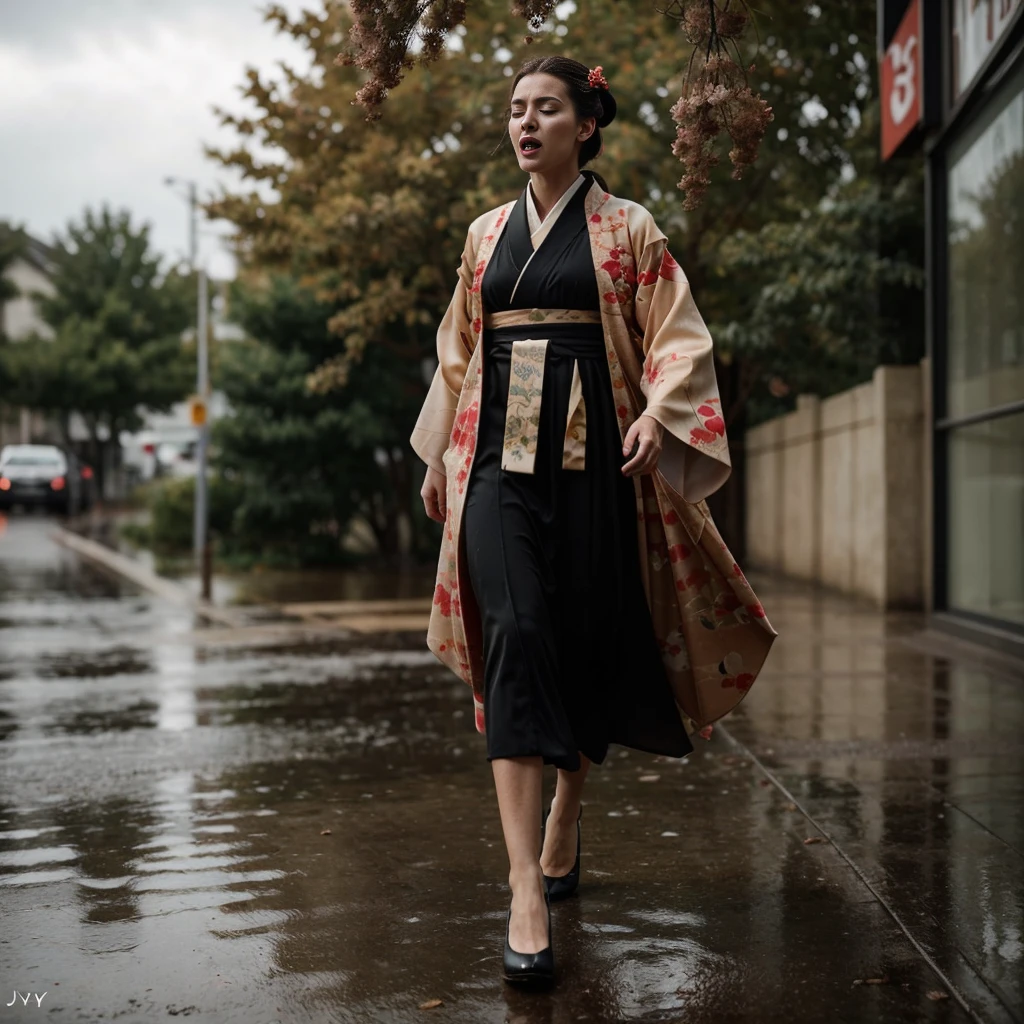 (full body shot), ultra high detail, [harsh flash], a 60 years old woman, curvy, running in the rain, outside drugstore, hollowed face, cheekbones, pretty, eyeshadow, redhead, cleavage, normal breasts, ((imperfect skin)), [wrinkles], ((perfect face)), black thigh-highs, natural breasts, (nhjy, a woman in a kimono dress with a tree), open mouth, closed eyes, (ultra detailed skin texture, ultra detailed hair, ultra detailed lips, ultra detailed teeth, ultra detailed fingers, ultra detailed nose, real skin pores, moles on skin). It's pouring rain. (rain drops on face). (YES SFW). High details, Backlit. Diffuse lights. Viewed from afar.
