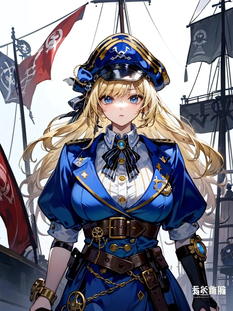 （（（masterpiece、Highest image quality、highest quality、highly detailed unity 8ｋwallpaper）））、（（Illustration of one girl、upper body））、（（（beautiful girl）））、（fantasy、female pirate）、（blonde、short ponytail：1.2、light blue eyes）、（（（The right hand is a steampunk-style prosthetic hand.）））、（（tall））、bulky figure, massive frame, thick neck, sturdy arms, powerful legs、（captain&#39;s suit、Pirate hat、Blue coat）、standing on the pier、pirate ship、Wooden sailing ship