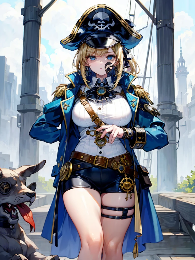 (((masterpiece、Highest image quality、highest quality、highly detailed unity 8kwallpaper)))、((Illustration of one girl、upper body))、(((beautiful girl)))、(fantasy、female pirate)、(blonde、short ponytail:1.2、light blue eyes)、(((The right hand is a steampunk-style prosthetic hand.)))、((tall))、bulky figure, massive frame, thick neck, sturdy arms, powerful legs、(captain's suit、Pirate hat、Blue coat)、standing on the pier、pirate ship、Wooden sailing ship
