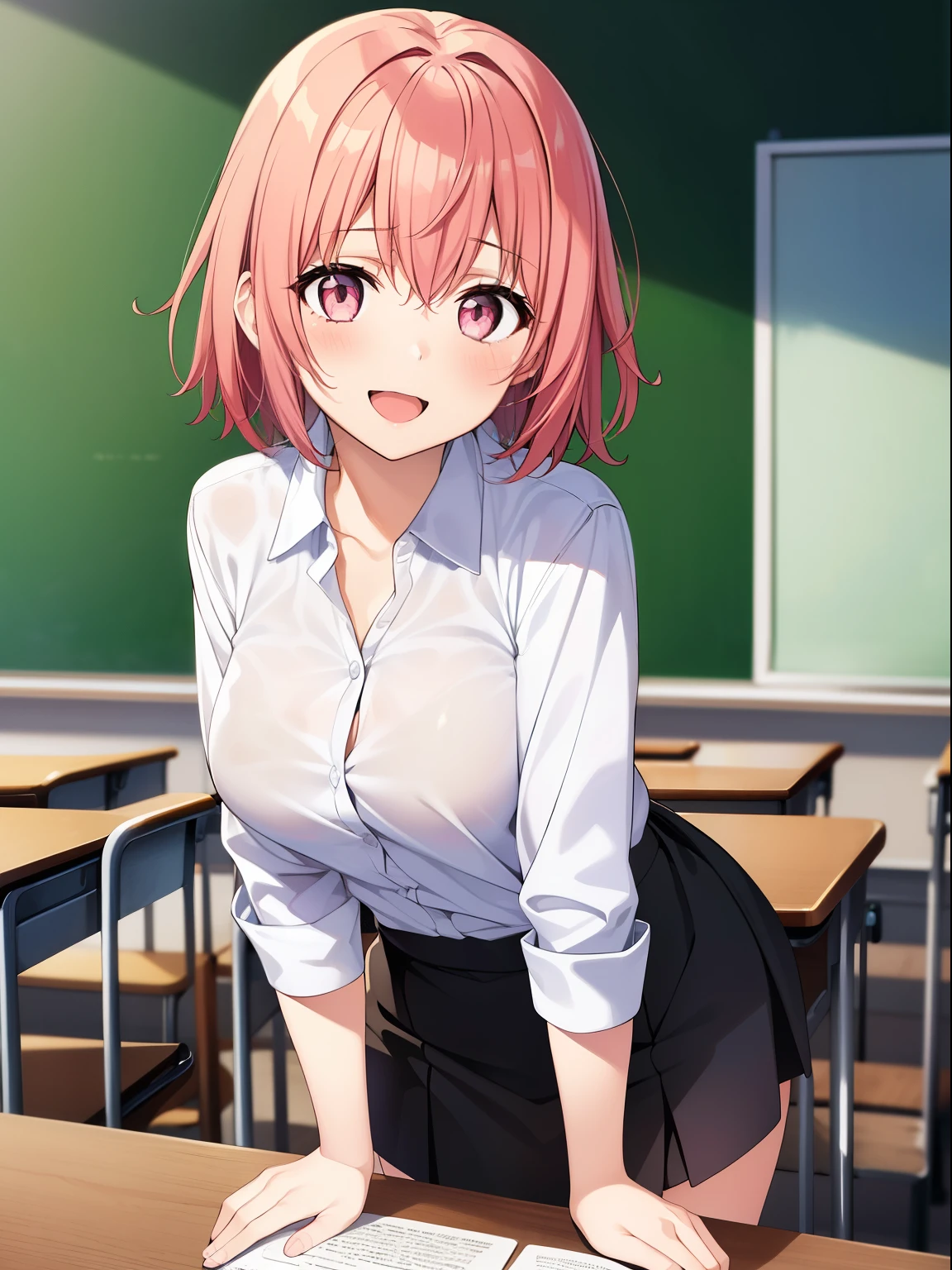 ((muste piece, best quality, High resolution, ticker, perfect pixel, Depth of bounds written, In 4K, )), 1 girl, solo, , beautiful anime girl, beautiful art style, 
close up of breasts, Looking at Viewer, 
perfect body,  

Yuigahama Yui, short hair, big , pink hair, 

full face blush,  open mouth, (empty eyes,  heart-shaped pupil, pink eyes), smile, 
teacher, 
white collared shirt, black skirt, 
in classroom,  
pov,