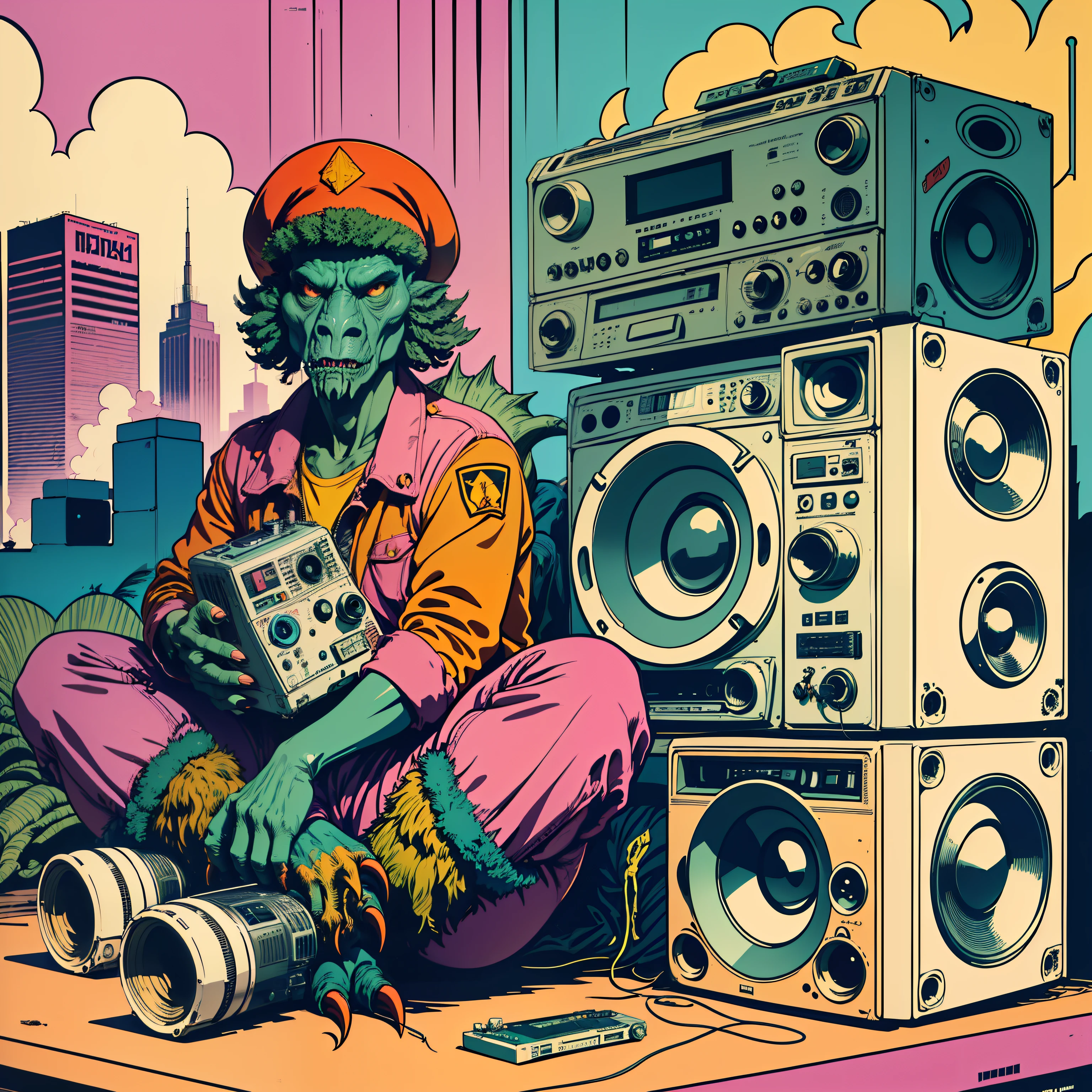 ((Cartaz CCCP, Soviet poster)) ( (((uma criatura monstruosa))), sitting on the floor, containment, a Boombox with a radio on top of it, Boombox, Gueto Blaster, big Gueto Blaster, Deck de fitas, hip hop lofi, audio equipments, cassete, Retro Technology, nostalgic vibes, 1 9 8 0 s tecnologia, radios, Vindima - W 1 0 2 4, a partir do 8 0 s) Cartaz da propaganda, poster, design de cartaz, poster art style. 1980s, 1950s, 1960s, Basic color scheme, Poster muito colorido, arte colorida, Rule of Thirds, inspirador,