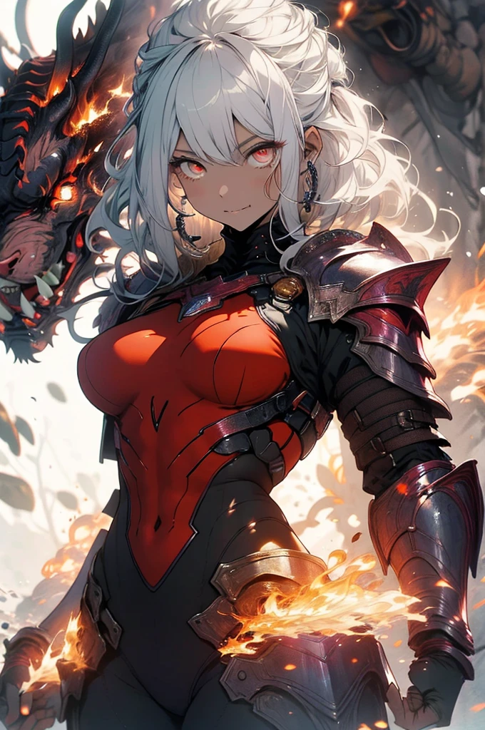 make it realistic，（masterpiece，highest quality，highest quality，very detailed，fractal art，most detailed，（background is abstract：1.5）（1 girl），Kamimei，（hair length），（Shining red eyes and beautiful white hair、big breasts，trained abdominal muscles)，crystallization，high leotard，sexy，machine armor、Devil's horn、Blake、berserk , (Burning flame:1.4), 