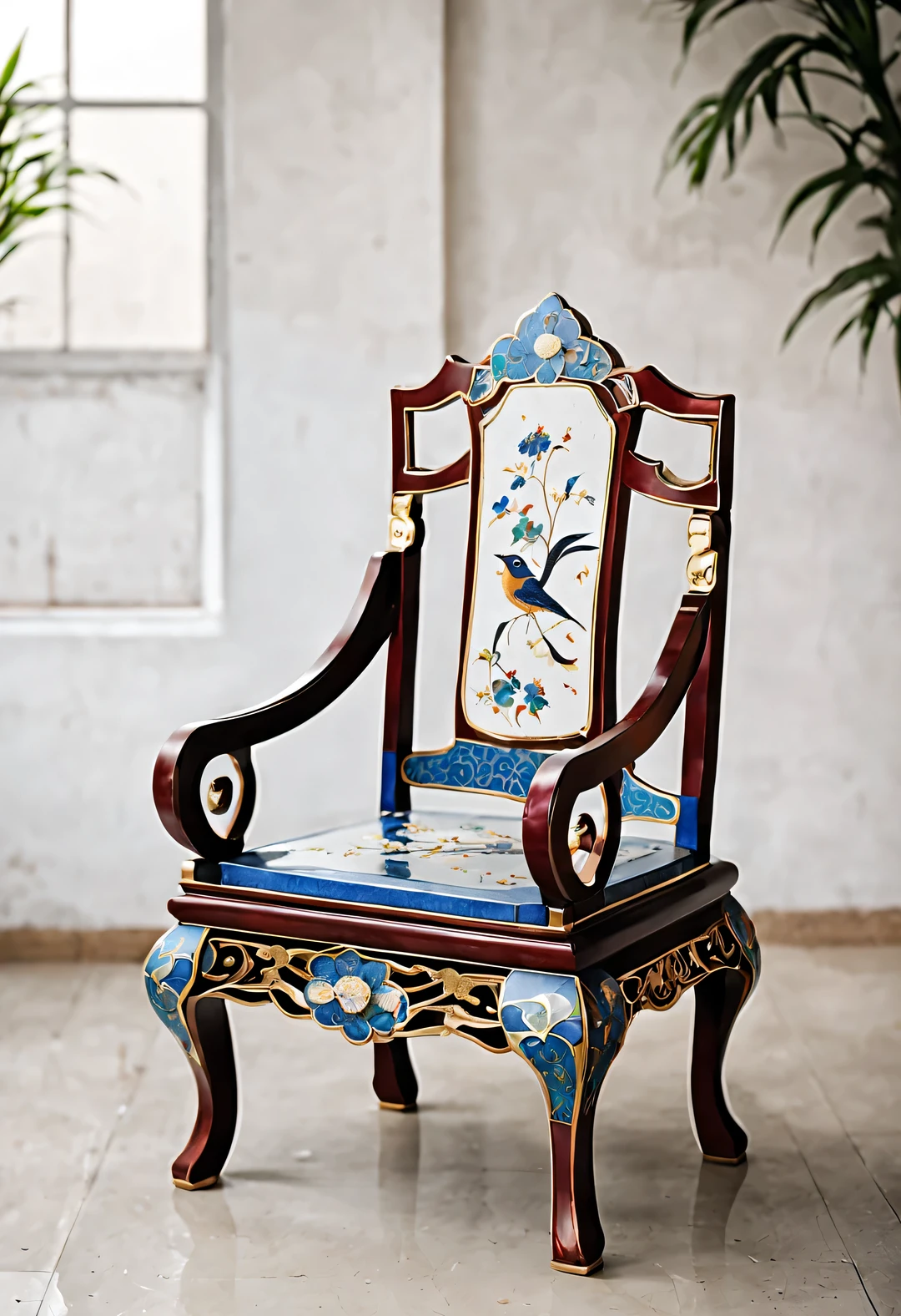 ultra high definition，masterpiece，precise，Super detailed，high detail，high quality，Award-winning，best quality，high-rise，16k，background：simple gold， Decorative Arts，（Close-up of Chinese cloisonné style round chair），Inlaid cloisonné palace chair，It is a traditional furniture made of high quality white rosewood.，Copper cloisonné enamel tire，The chair has delicate flowers on its surface，bird，fish，Auspicious cloud pattern，The chair ring is round，The seats are square，