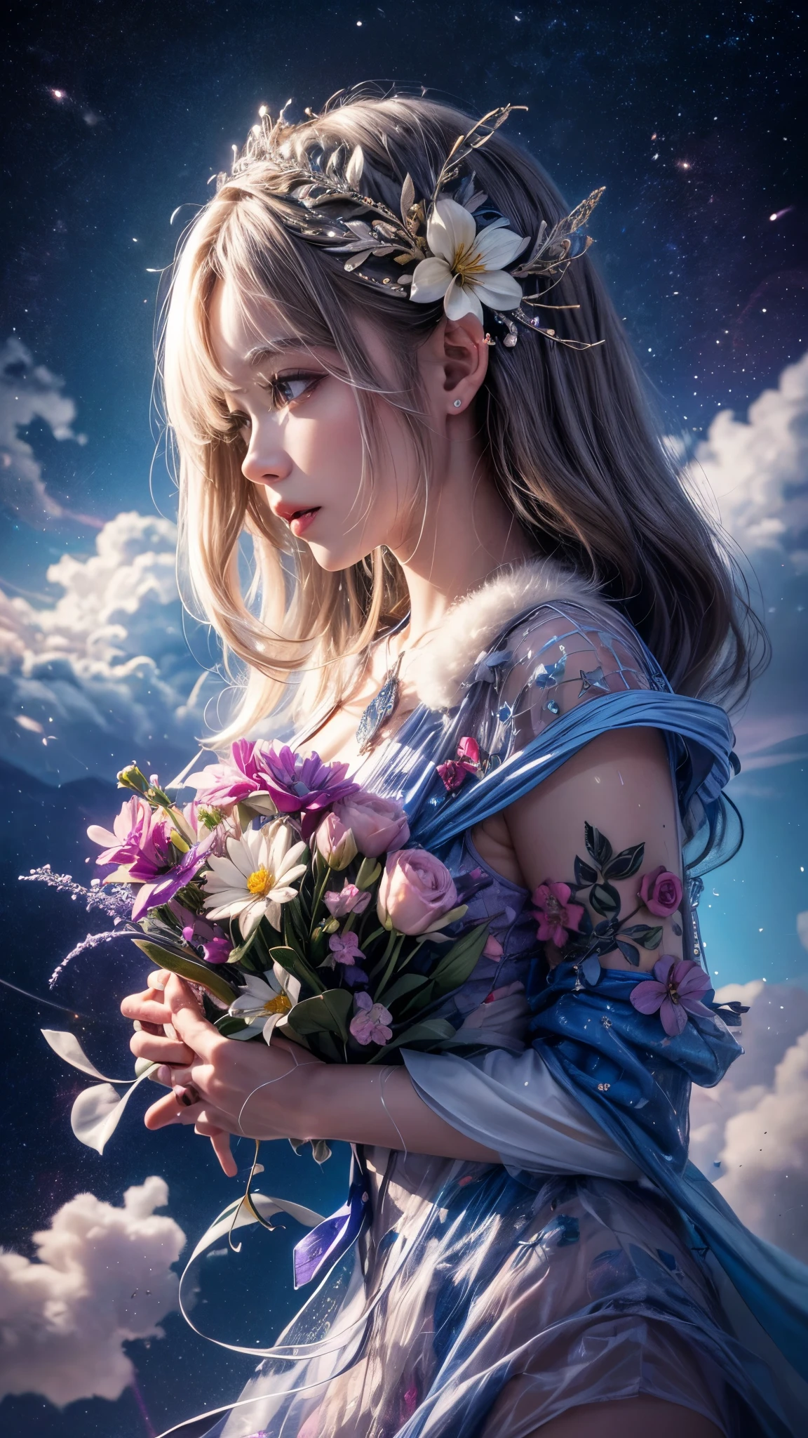 "((Galactic)) scene portraying an alien girl surrounded by a symphony of clouds, splashes of vivid colors, and delicate flowers, an imaginative composition that sparks the viewer's curiosity"