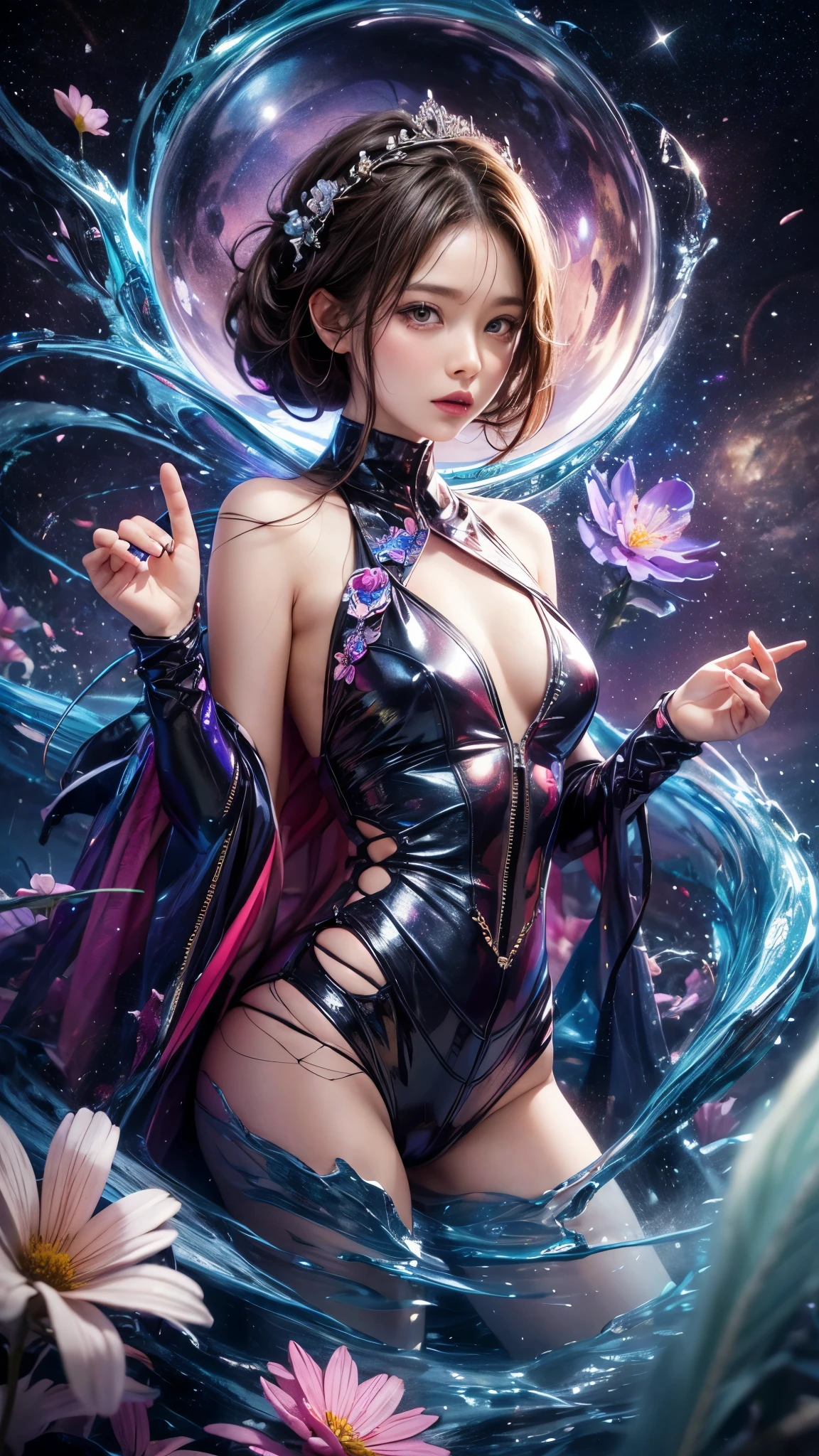 "((Galactic)) scene portraying an alien girl surrounded by a symphony of clouds, splashes of vivid colors, and delicate flowers, an imaginative composition that sparks the viewer's curiosity"