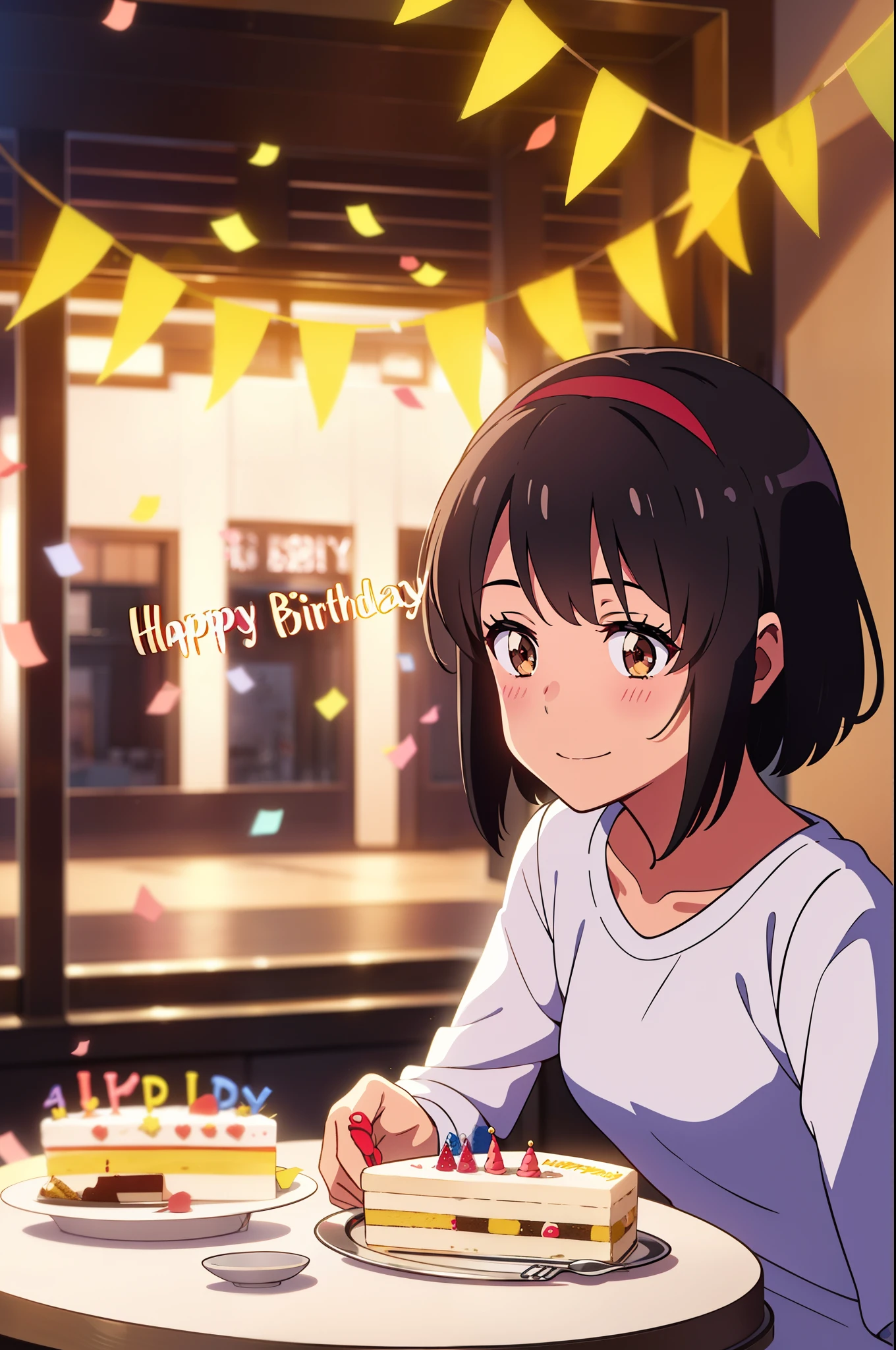 shinkai makoto, kimi no na wa., 1girl, bangs, black hair, blush, bright eyes, brown eyes, red headband, short hair, smile, cute, beautiful, shiny skin, solo, dynamic lights, birthday, birthday party, birthday cake, sitting by table, happy expression, happy birthday, sitting by table, confetti, amazing scenery, birthday decorations, painted nails, birthday hats, adorable, ethereal scenery, gold birthday cake, shiny white dress, laying on bed, multiple cakes, bending over, standing, embarrassed, audience behind, celebrating, happy birthday text on cake