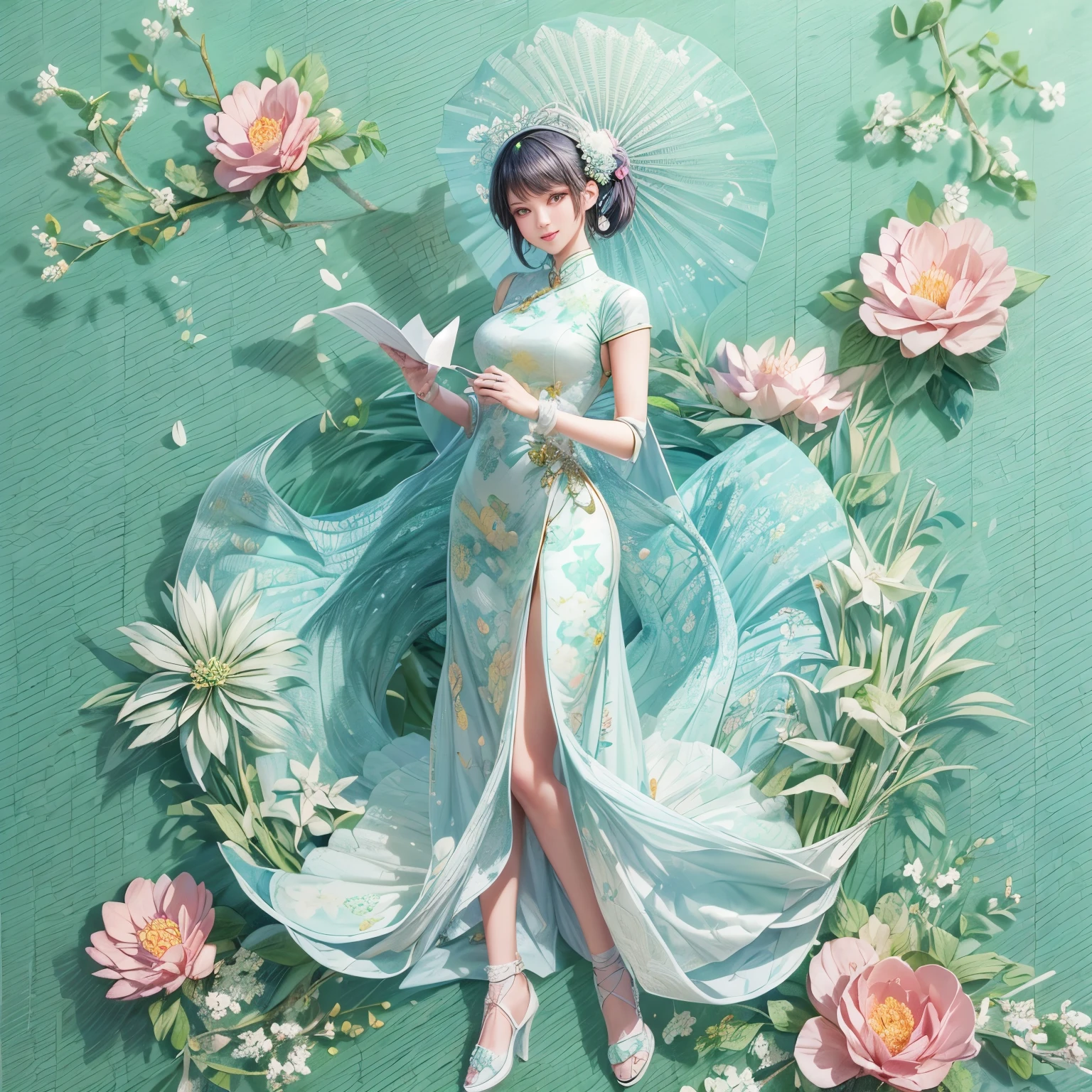 (paper art, Quilted paper art, 3D),  (full body:1.5),1 Cheongsam woman，Slender figure，perfectly proportions，Delicate hair accessories, smile，Oriental elements，simple background, mint green,  (Soft Lighting, Bokeh)，high quality，4K