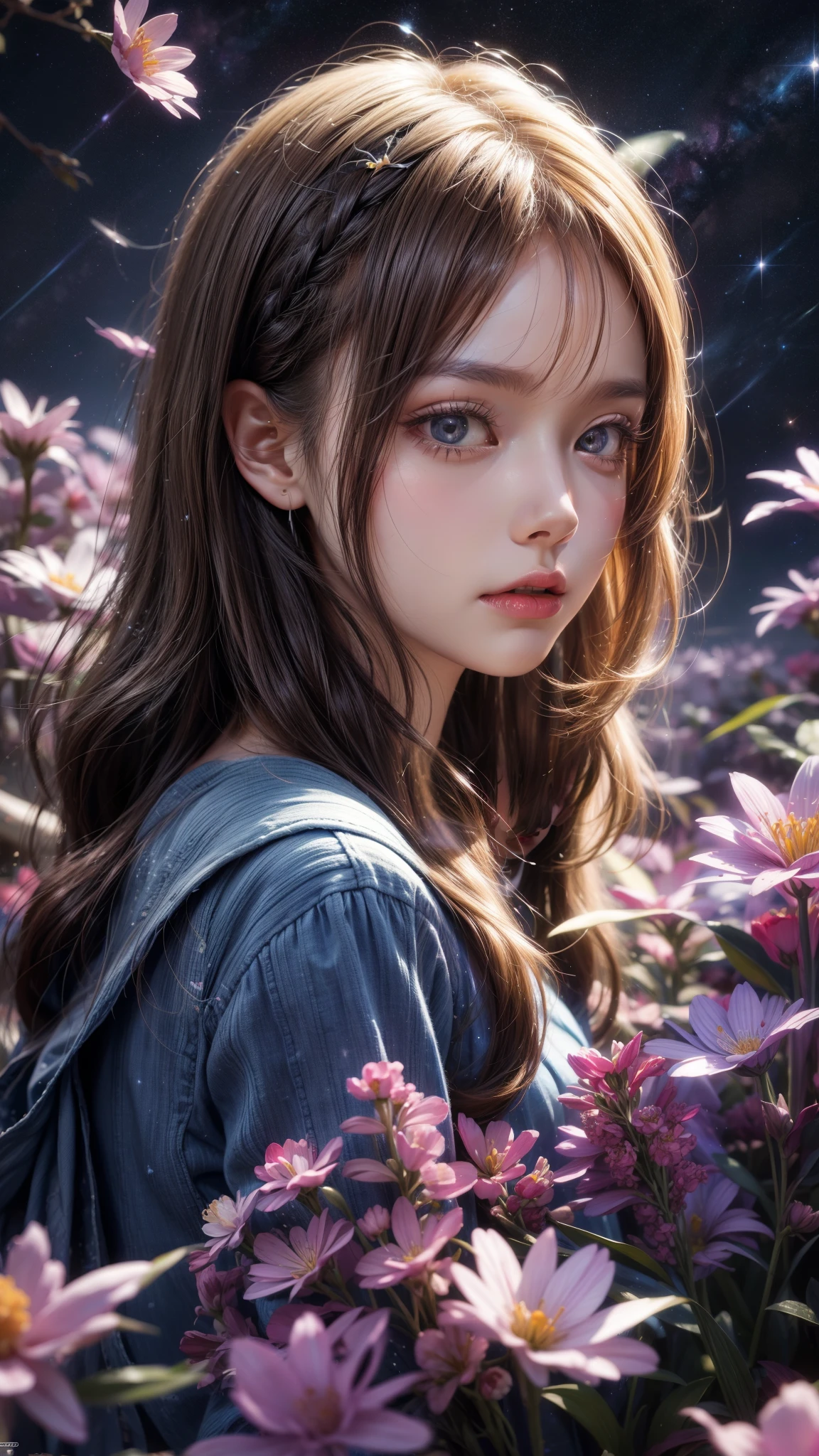 "((Galactic)) scene portraying an alien girl surrounded by a symphony of clouds, splashes of vivid colors, and delicate flowers, an imaginative composition that sparks the viewer's curiosity"