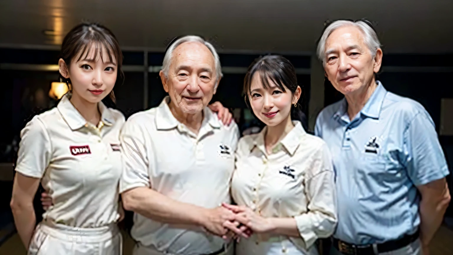 1 young office lady standing between 2 old men:1.2,close to each other:1.1), (old man's hand touching her breast:1.1),very cute face,bob hair,white skin-tight bowling uniform,embarrassed,inside bowling alley,perfect anatomy, masterpiece, best quality,8k,perfect face,from front,upper body