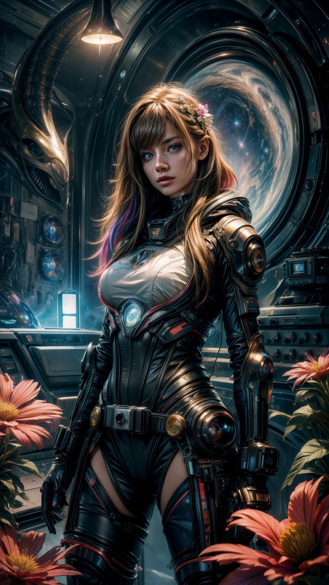 A woman in a futuristic suit standing in front of flowers - SeaArt AI
