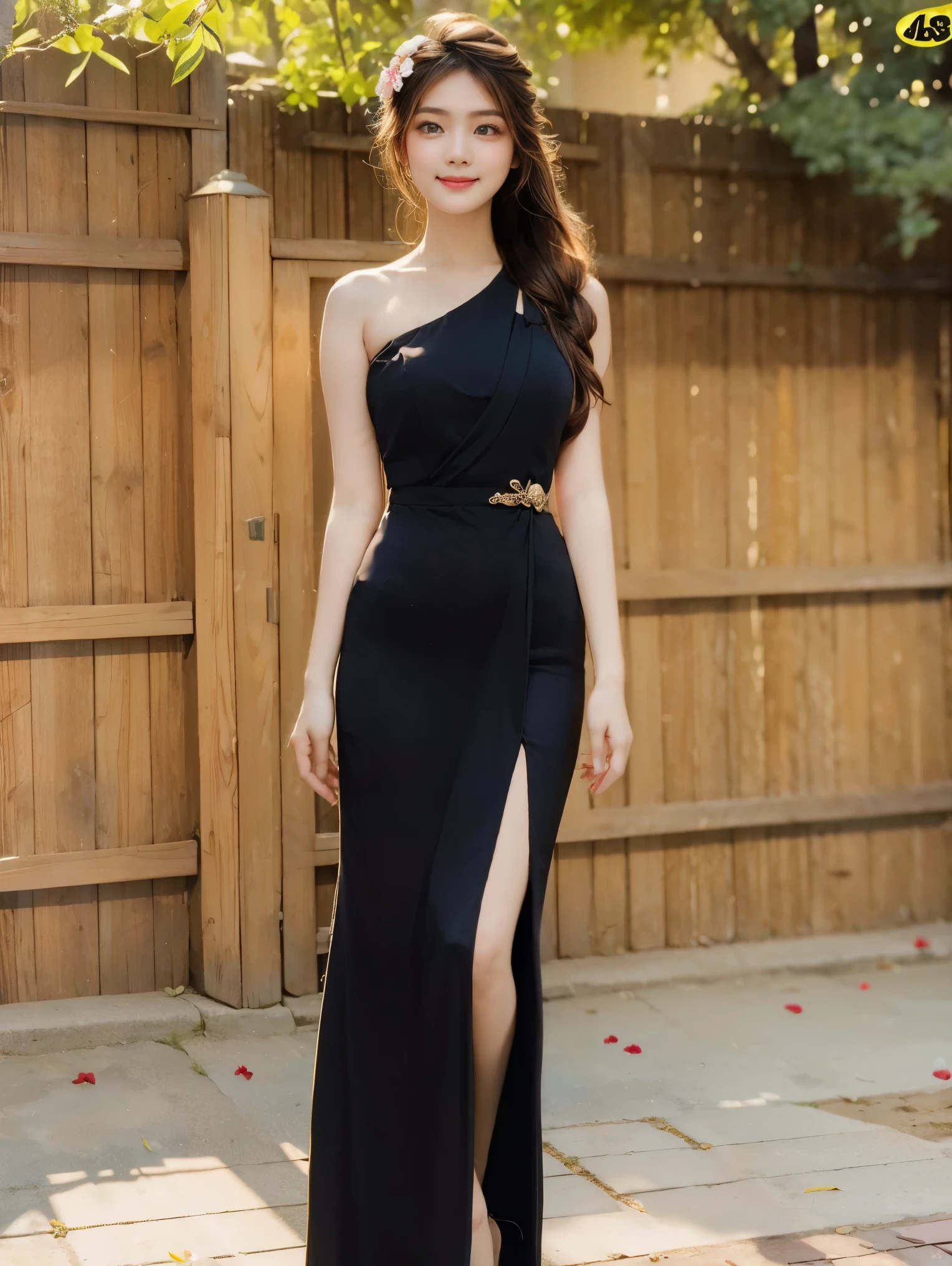 1 girl, burmese girl, standing on in front of the house, 64k, FHD, natural light, Raw, Natural skin, lite smile, fullbody view, portrait pose, perfect body and berasts, flowers background, masterpeace, realistic, detailed, portrait photography, long black hair