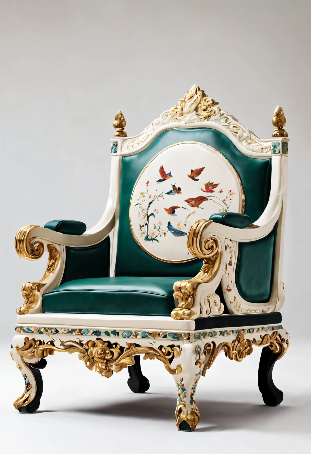 ultra high definition, masterpiece, Accurate, Super details, high detail, high quality, Award-winning, best quality, Level, 16k, background: simple gold,
(an art deco), minimalist, (Close-up of ivory chair), white, Red, Dark Green, emerald blue,
The chair has a delicate floral pattern on its surface, birds, fish, He Xiangyun. The chair ring is round, And the seats are square,