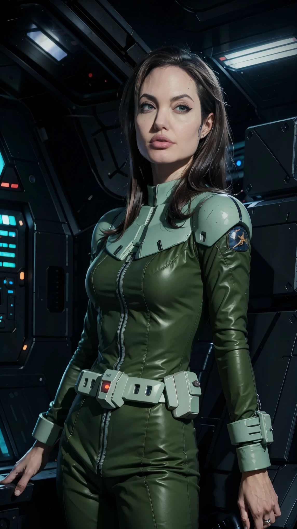 (((masterpiece,highest quality,In 8K,super detailed,High resolution,anime style,Absolutely))),A female Zeon pilot stands.,(solo:1.5),(Angelina jolie:1.5),(((The background is the interior of a dark space battleship.:1.5))),((blur background:1.5)),(Wearing a pilot suit:1.5),(Beautiful woman:1.5),(Detailed facial depiction:1.5),(wallpaper:1.5),(whole body:1.5),(((overlooking:1.5)))