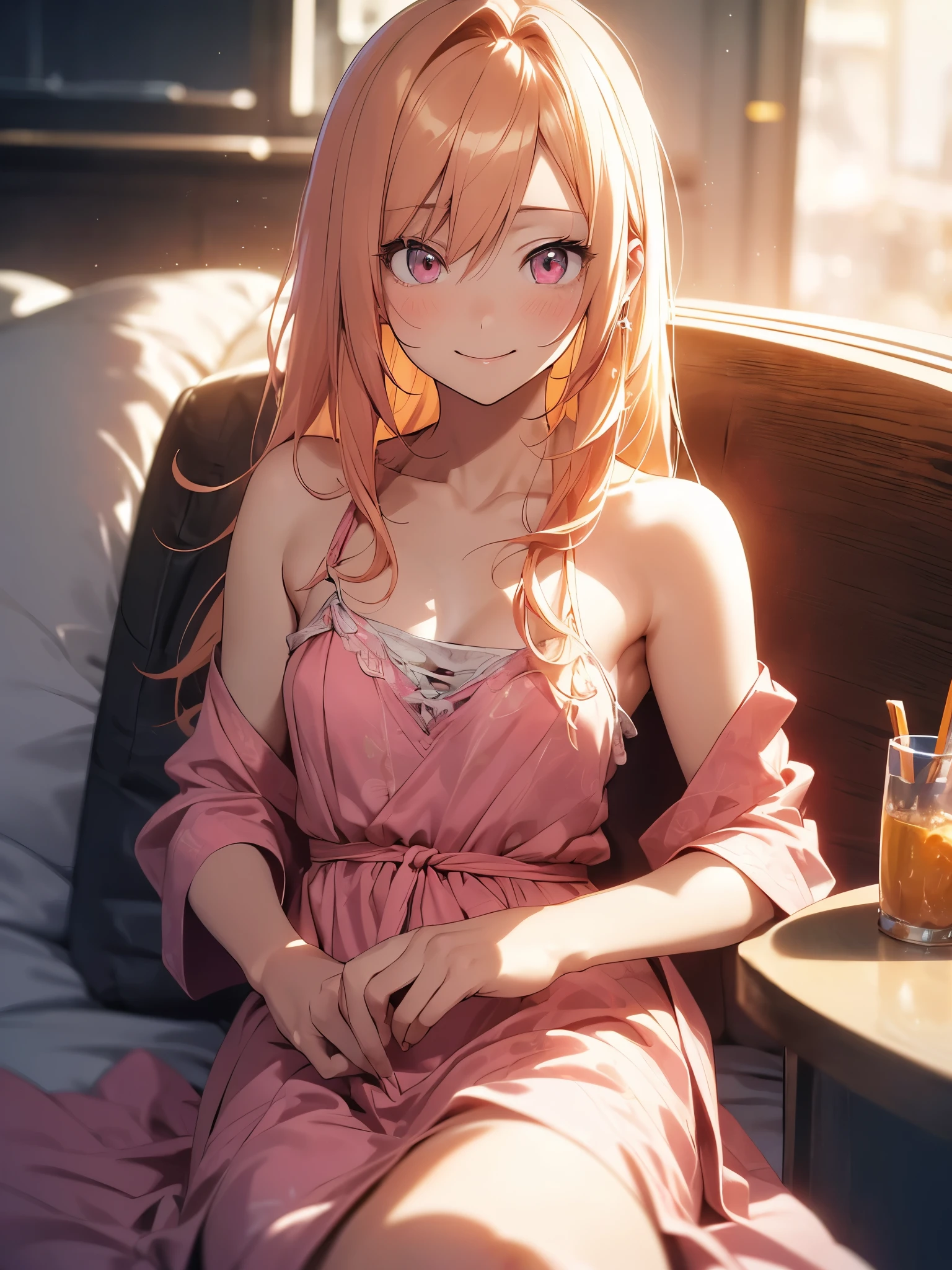 anime style, movieポートレート写真, 1 female, 30 years old, full body esbian, small and poor chest, bright yellow hair, long hair, red eyes, Wearing a pink dress, (natural skin texture vivid details, surreal, (realistic detailed eyes, natural skin texture, realistic facial details), soft and dramatic lighting, Depth of bounds written, Bokeh, vivid details, surreal, 35mm movie, hazy blur, movie,smile、squint your eyes、Pretend to be asleep、the corners of the mouth rise