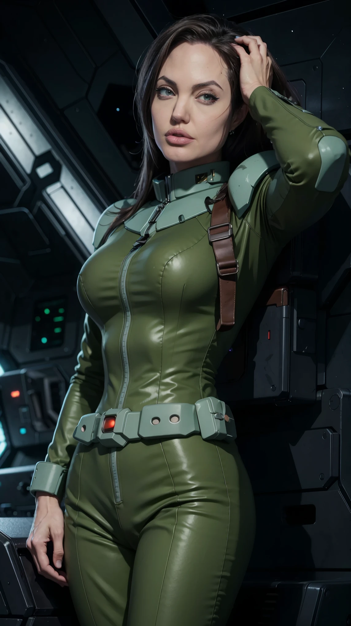 (((masterpiece,highest quality,In 8K,super detailed,High resolution,anime style,Absolutely))),A female Zeon pilot stands.,(solo:1.5),(Angelina jolie:1.5),(((The background is the interior of a dark space battleship.:1.5))),((blur background:1.5)),(Wearing a pilot suit:1.5),(Beautiful woman:1.5),(Detailed facial depiction:1.5),(big breasts),(wallpaper:1.5),(whole body:1.5),(((overlooking:1.5)))