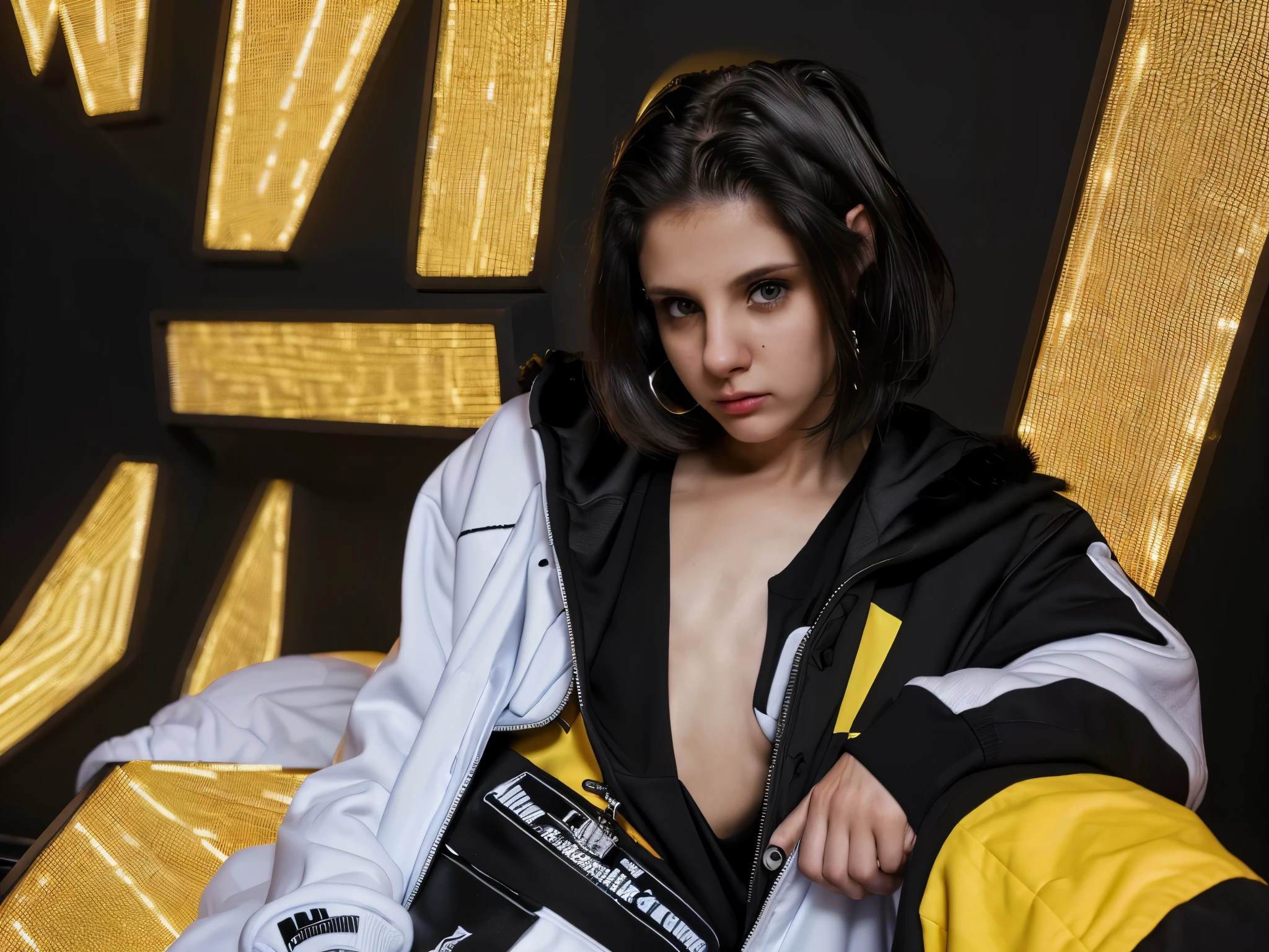 (best quality,4k,8k,highres,masterpiece:1.2),ultra-detailed,realistic,studio lighting,professional,vivid colors,portrait,streetwear fashion,collection,adult woman,detailed bust,white skin,black hair.