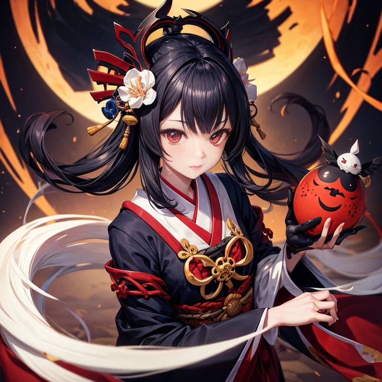 (1 girl:1.2), alone, Hime cut,japanese traditional clothing,Onmyoji、god々investigation of、 red eyes,cartoon style, Joe Fenton, a black and white photo of deadpan, huge moon, unbecoming, gnawling, envy, Ghast (lovecraftian),Calm, soft smile, Wayne Barlowe,, , nostalgic、Apparition、computer
