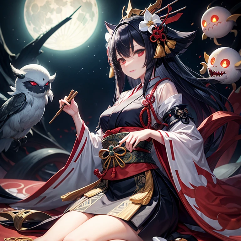 (1 girl:1.2), alone, Hime cut,japanese traditional clothing,Onmyoji、god々investigation of、 red eyes,cartoon style, Joe Fenton, a black and white photo of deadpan, huge moon, unbecoming, gnawling, envy, Ghast (lovecraftian),Calm, soft smile, Wayne Barlowe,, , nostalgic、Apparition、computer