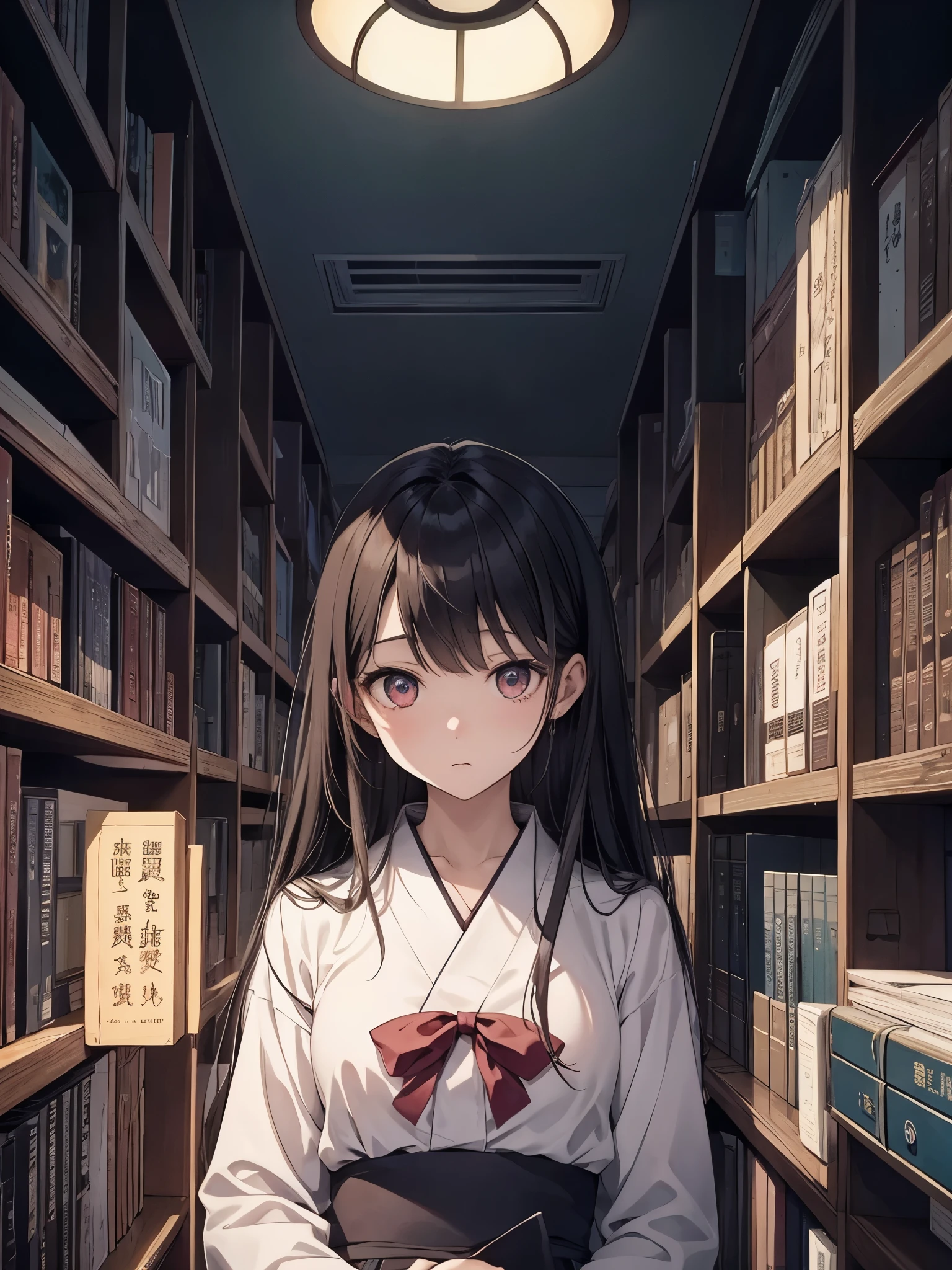
horror anime illustration、masterpiece、japanese doll girl、your eyes are so beautiful、14 years old、Expression full of fear、Mysterious、anxiety、ghosting、huge library at night