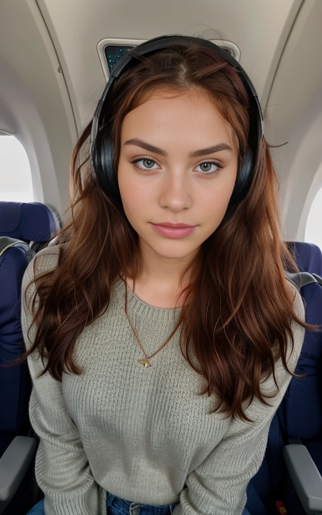 beautiful woman, red hair, long hair, wearing purple sweater (sitting in an airplane), headphones, selfie, very detailed, 21 years old, innocent face, natural wavy hair, brown eyes, high resolution, masterpiece, best quality, intricate details, highly detailed, sharp focus, detailed skin, realistic skin texture, texture, detailed eyes, professional, 4k, charming smile, shot on Canon, 85mm, shallow depth of field, kodak vision color, perfect fit body, extremely detailed, foto_\(ultra\), photorealistic, realistic, post-processing, maximum detail, roughness, real life, ultra realistic, photorealism, photography, 8k uhd, photography