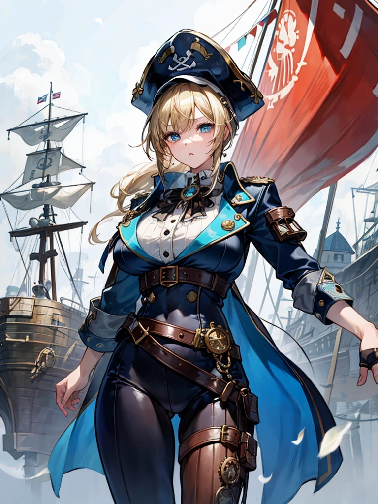 (((masterpiece、Highest image quality、highest quality、highly detailed unity 8kwallpaper)))、((Illustration of one girl、upper body))、(((beautiful girl)))、(fantasy、female pirate)、(blonde、short ponytail:1.2、light blue eyes)、(((Right hand is a prosthetic hand、steampunk prosthetic arm)))、((tall))、bulky figure, massive frame, thick neck, sturdy arms, powerful legs、(captain's suit、Pirate hat、Blue coat)、standing on the pier、pirate ship、Wooden sailing ship