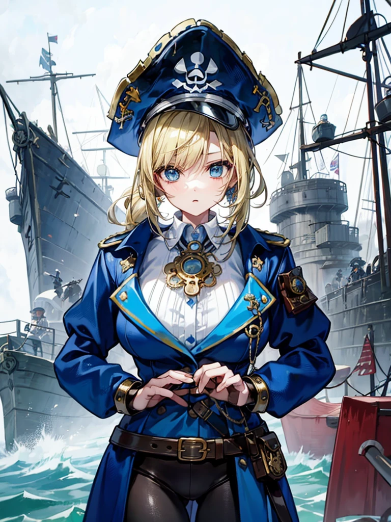 (((masterpiece、Highest image quality、highest quality、highly detailed unity 8kwallpaper)))、((Illustration of one girl、upper body))、(((beautiful girl)))、(fantasy、female pirate)、(blonde、short ponytail:1.2、light blue eyes)、(((Right hand is a prosthetic hand、steampunk prosthetic arm)))、((tall))、bulky figure, massive frame, thick neck, sturdy arms, powerful legs、(captain's suit、Pirate hat、Blue coat)、standing on the pier、pirate ship、Wooden sailing ship