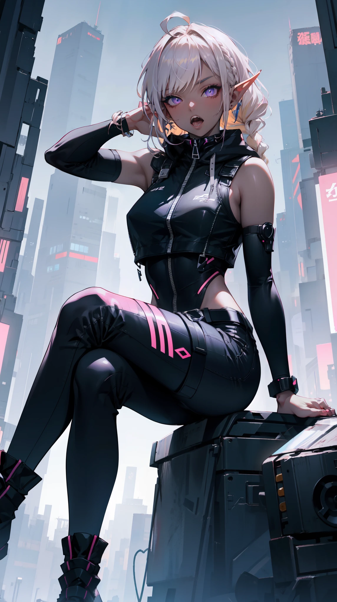((masterpiece)), (top quality), (best quality), ((ultra-detailed, 8k quality)), Aesthetics, Cinematic lighting, soft semi-backlit light, (detailed line art), absurdres, (best composition), (high-resolution),
BREAK,
Beautiful Rebellious Cyberpunk dark elf Female Image, wearing cyberpunk shirt with a armbands, cyberpunk techwear women, techwear occultist, stylish and edgy outfit, black pants, sleeveless hoodie, black tigh-high boots, zipper, (sitting, cross-legged), (atmospheric perspective), (top of building), (cyberpunk cityscape background, simple background), cinematic dramatic atmosphere,
BREAK,
highly detailed of (dark elf), (1girl), solo, perfect face, details eye, ahoge, hair loop, blonde white shining hair, (braided bangs:1.3), violet eyes, shining eyes, (beautiful detailed eyelashes, eyeshadow, pink eyeshadow), open mouth, tongue, teeth, sharp teeth, design art by Mikimoto Haruhiko, by Kawacy, By Yoshitaka Amano,
BREAK,
((perfect anatomy)), perfect body, Abs, medium breast, perfect hands, perfect face, beautiful face, beautiful eyes, perfect eyes, (perfect fingers, deatailed fingers), correct anatomy, perfect legs, (dark skin:1.2)