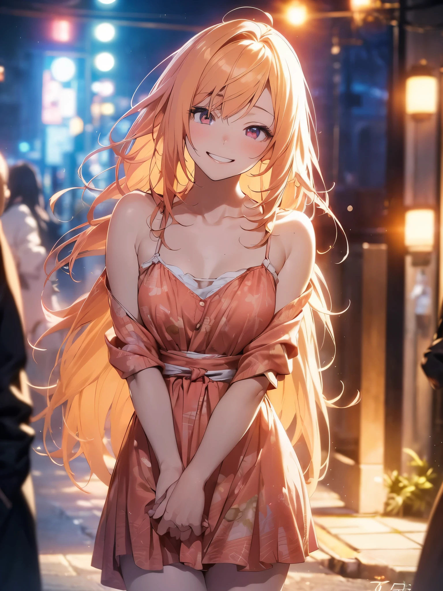 anime style, movieポートレート写真, 1 female, 30 years old, full body esbian, small and poor chest, bright yellow hair, long hair, red eyes, Wearing a pink dress, (natural skin texture vivid details, surreal, (realistic detailed eyes, natural skin texture, realistic facial details), soft and dramatic lighting, Depth of bounds written, Bokeh, vivid details, surreal, 35mm movie, hazy blur, movie,smile、squint your eyes、Pretend to be asleep、the corners of the mouth rise