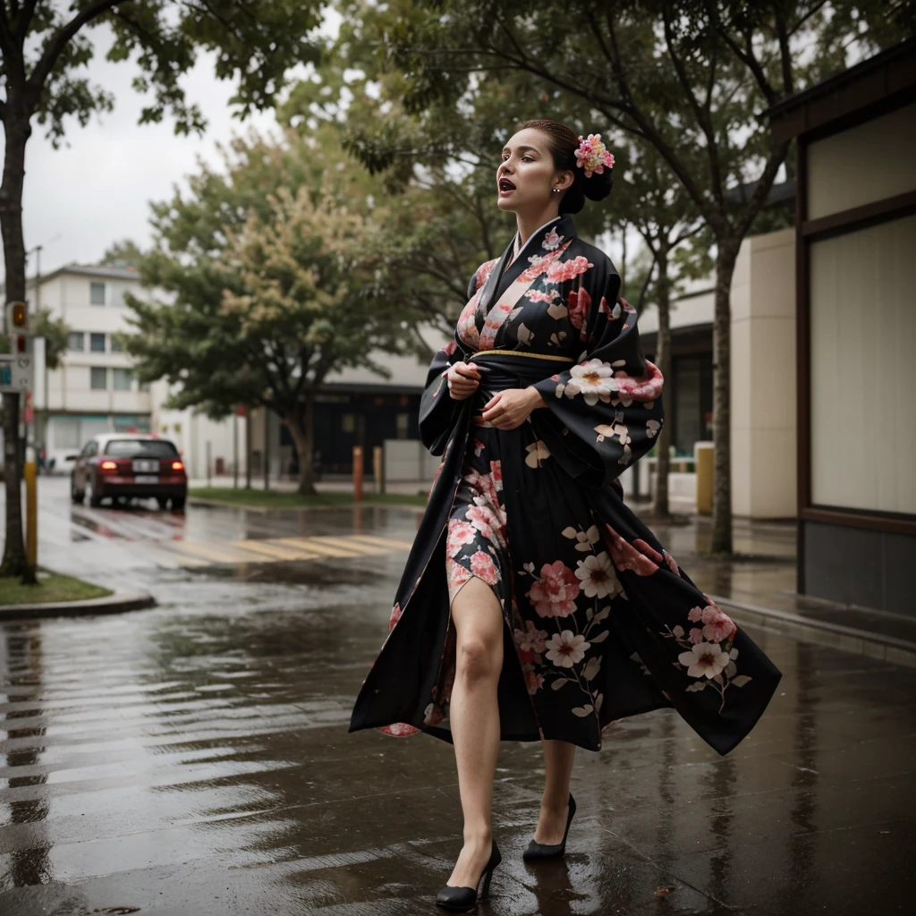 (full body shot), ultra high detail, [harsh flash], a 60 years old woman, curvy, running in the rain, outside drugstore, hollowed face, cheekbones, pretty, eyeshadow, redhead, cleavage, normal breasts, ((imperfect skin)), [wrinkles], ((perfect face)), black thigh-highs, natural breasts, (nhjy, a woman in a kimono dress with a tree), open mouth, dull and sad eyes, saliva trails, (ultra detailed skin texture, ultra detailed hair, ultra detailed lips, ultra detailed teeth, ultra detailed fingers, ultra detailed nose, real skin pores, moles on skin). It's pouring rain. (rain drops on face). (YES SFW). High details, Backlit. Diffuse lights. Viewed from afar.
