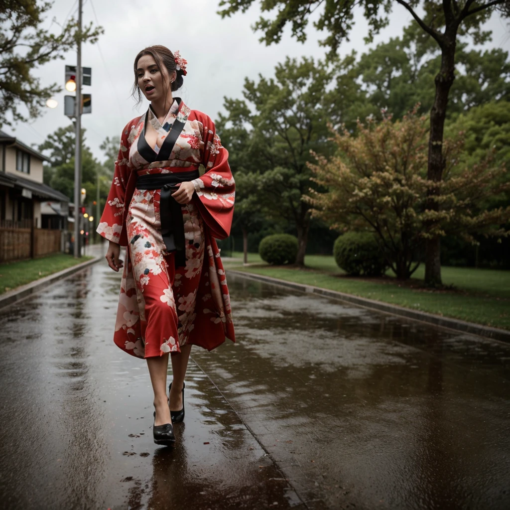 (full body shot), ultra high detail, [harsh flash], a 60 years old woman, curvy, running in the rain, outside drugstore, hollowed face, cheekbones, pretty, eyeshadow, redhead, cleavage, normal breasts, ((imperfect skin)), [wrinkles], ((perfect face)), black thigh-highs, natural breasts, (nhjy, a woman in a kimono dress with a tree), open mouth, dull and sad eyes, saliva trails, (ultra detailed skin texture, ultra detailed hair, ultra detailed lips, ultra detailed teeth, ultra detailed fingers, ultra detailed nose, real skin pores, moles on skin). It's pouring rain. (rain drops on face). (YES SFW). High details, Backlit. Diffuse lights. Viewed from afar.
