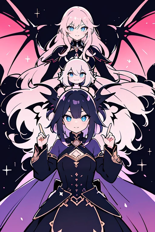 (best quality,4k,8k,highres,masterpiece:1.2),character design sheet,devilish charm,detailed facial features,beautiful sparkling eyes,enticing lips,flowing hair with vibrant colors,piercing gaze,playful expression,tantalizing smirk,costume with intricate details,lacy wings,expressive poses,dynamic angles,background with magical elements,dark and mysterious atmosphere,concept art,anime style,vivid and contrasting colors,dramatic lighting