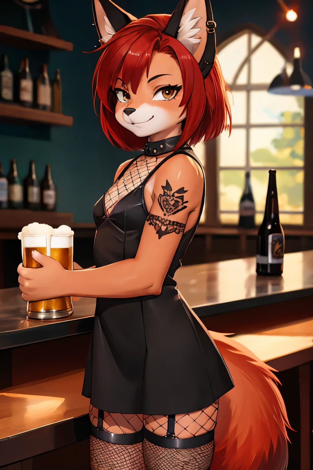 young girl, fox, furry, red hair, 18 years old, small breasts, small biotype, bob hair, tattoed arms, black tattos, piercings in face, , black dress, black letter dress, short dress, punk dress, wearing fishnet stockings, black boots, smiling, in a ballad, looking at viewer, holding beer cup, 4k, masterpiece
