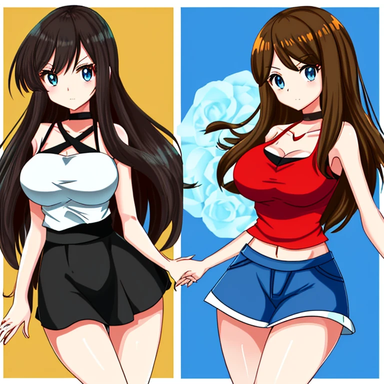 very cute and beautiful girl、Pokemonのキャラクター、big breasts、thin waist、perfect style、She is wearing a red halter neck camisole and a black miniskirt.、Brown long hair、blue eyes、Pokemon、poke ball
