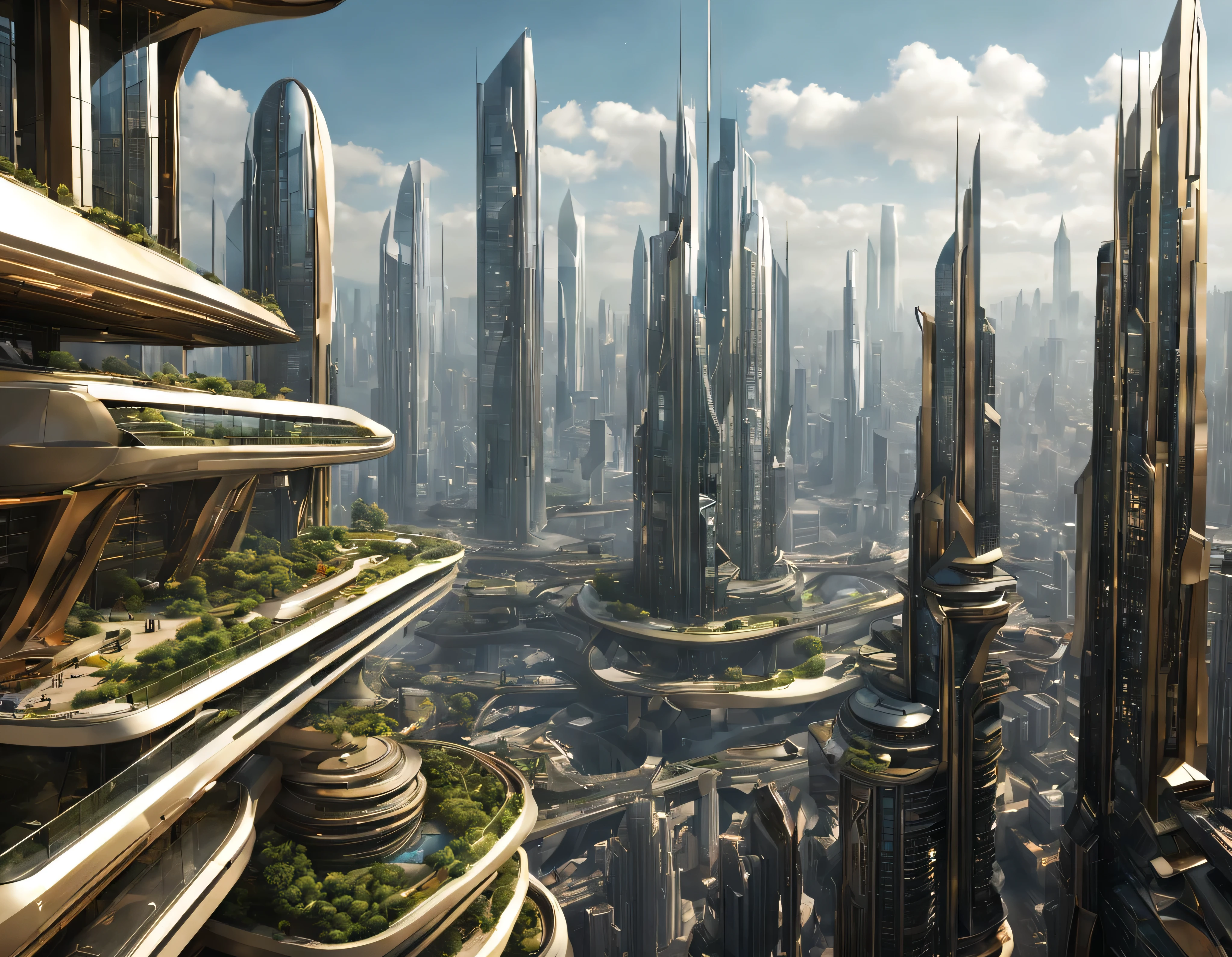 the city of megacity futuristic science fiction city as it would be in the year 3029, vista desde una terraza , with high-tech design , edificios de metal y cristal, autopistas cruzandolos, de una inmensidad impresionante, con el empleo de oro , plata y bronce en su construccion, realmente impresionante a la vista, imagen bien definida, fondo nitido bien defifido, con muchos edificios juntos. imagen nitida bien definida 8k. los edificios llegan alta el fondo.,8k. imagen cinematografica, renderizado 3d, ((obra maestra de superior calidad)).