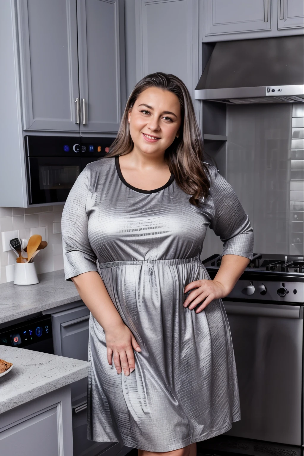 (((raw photo))),(((smartphone camera photography))),a 25 years old fat woman named diana,wearing a gray dress,standing,kitchen background,detailed,ultra detailed,realistic,mobile camera,random photography,high skin texture